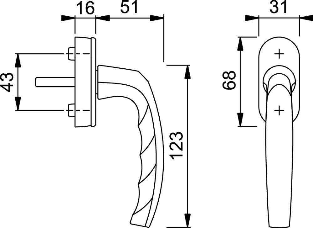 Hoppe DK-Fenstergriff,Atlanta 0530/US952, mit ovaler Rosette,VK7x32-42, F9 eloxiert