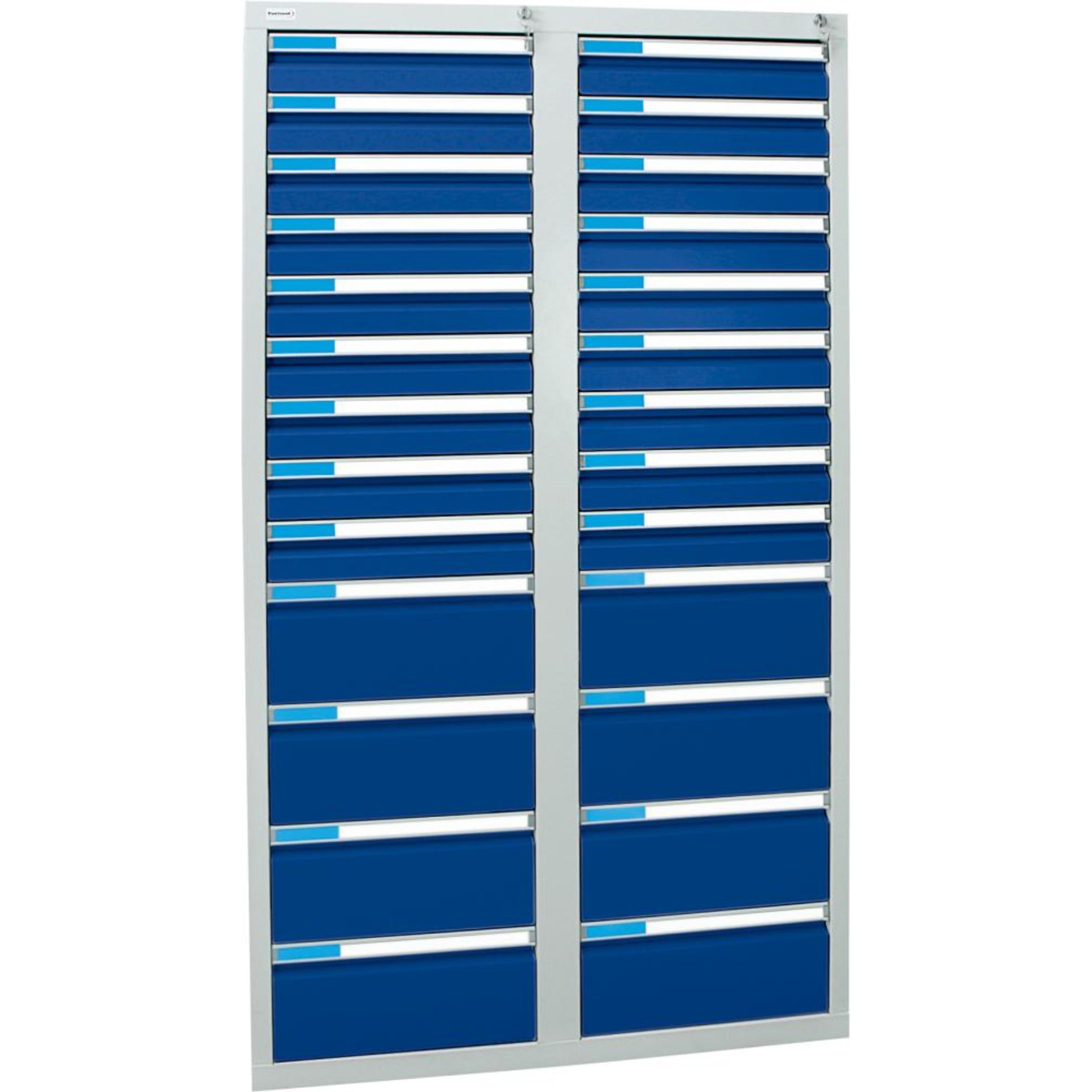 Format Schubladenschrank B1800xT1000xH500mm RAL 7035/5010 26 Schubladen 75kg