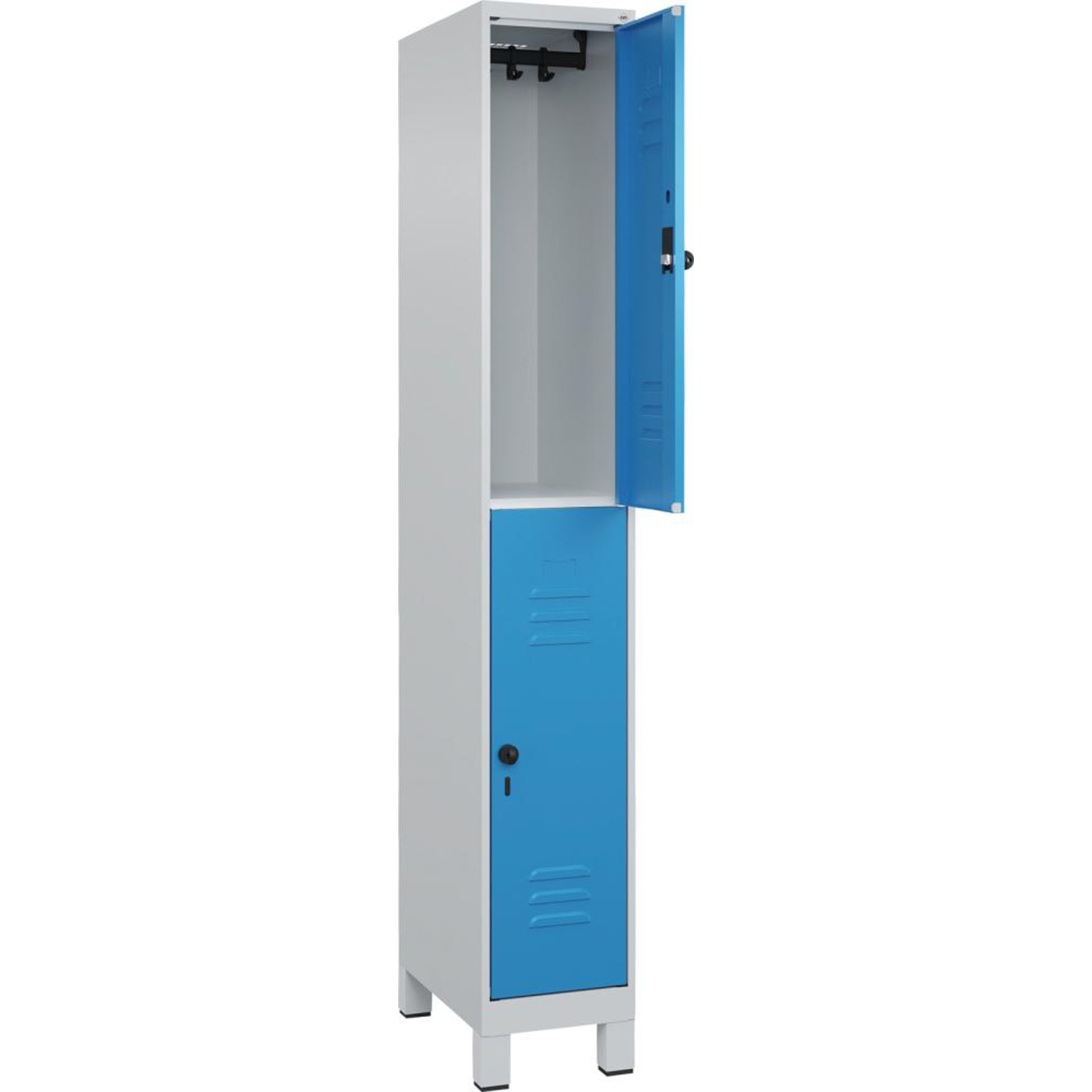 Doppelst. Schrank CLASSICB300xT500xH1950 mm RAL 7035/5012, 1x2Abteilemit 100 mm hohen Füßen
