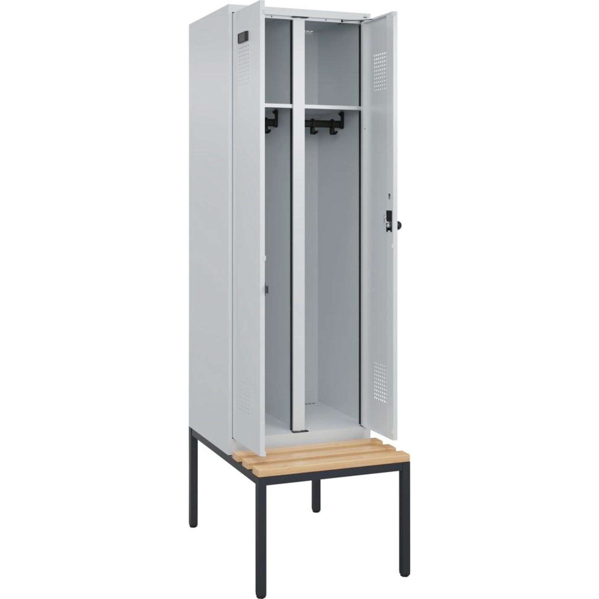 S/W-Gard.-Schrank EVOLO mit untergeb. Sitzbank RAL 7035/7035, 2 Abteile B600xT500xH2120mm