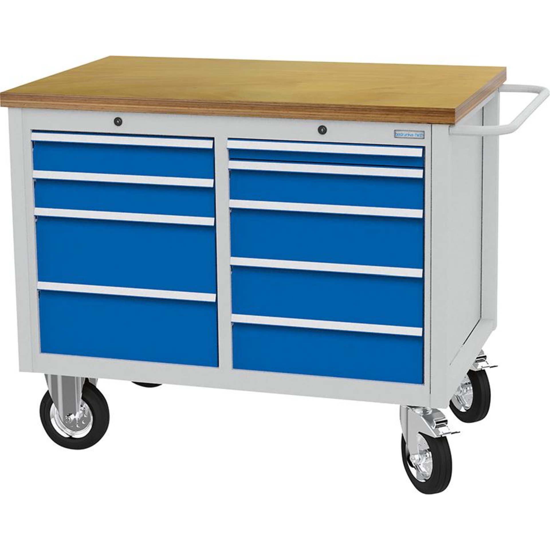 Mobile Werkbank buche MP 9 Schubladen 7035/5012 Traglast 700kg B1200xT750xH995mm