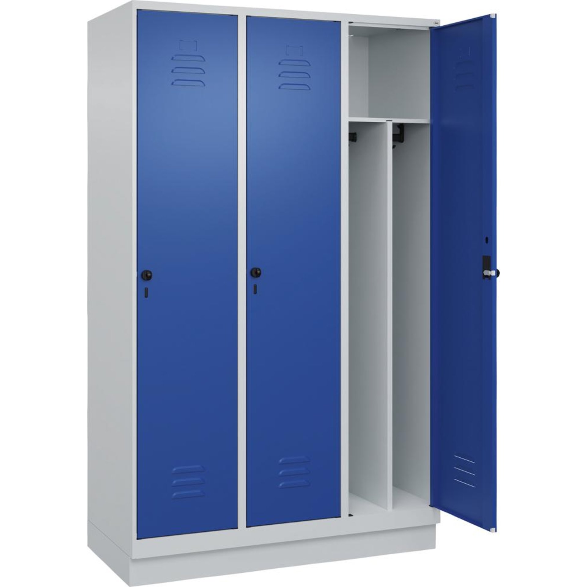 Gard.-Schrank TW CLASSIC B1200xT500xH1950 mm RAL 7035/5010, 3 Abteile mit 100 mm hohem Sockel