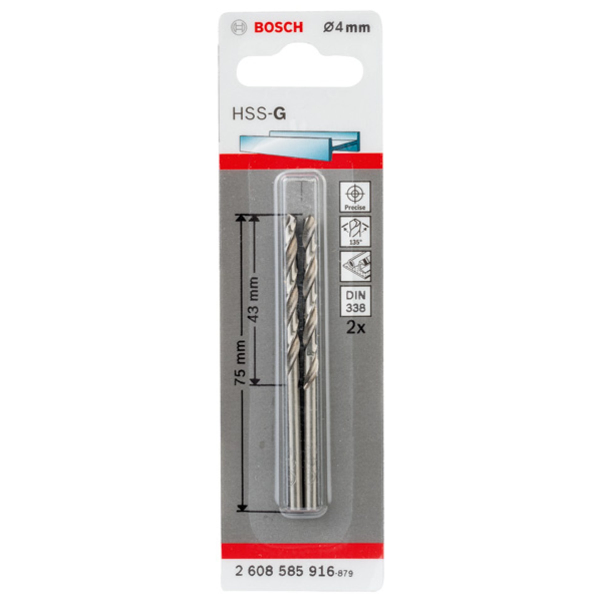 Metallbohrer HSS-G, DIN 338, 4 x 43 x 75 mm, 2er-Pack
