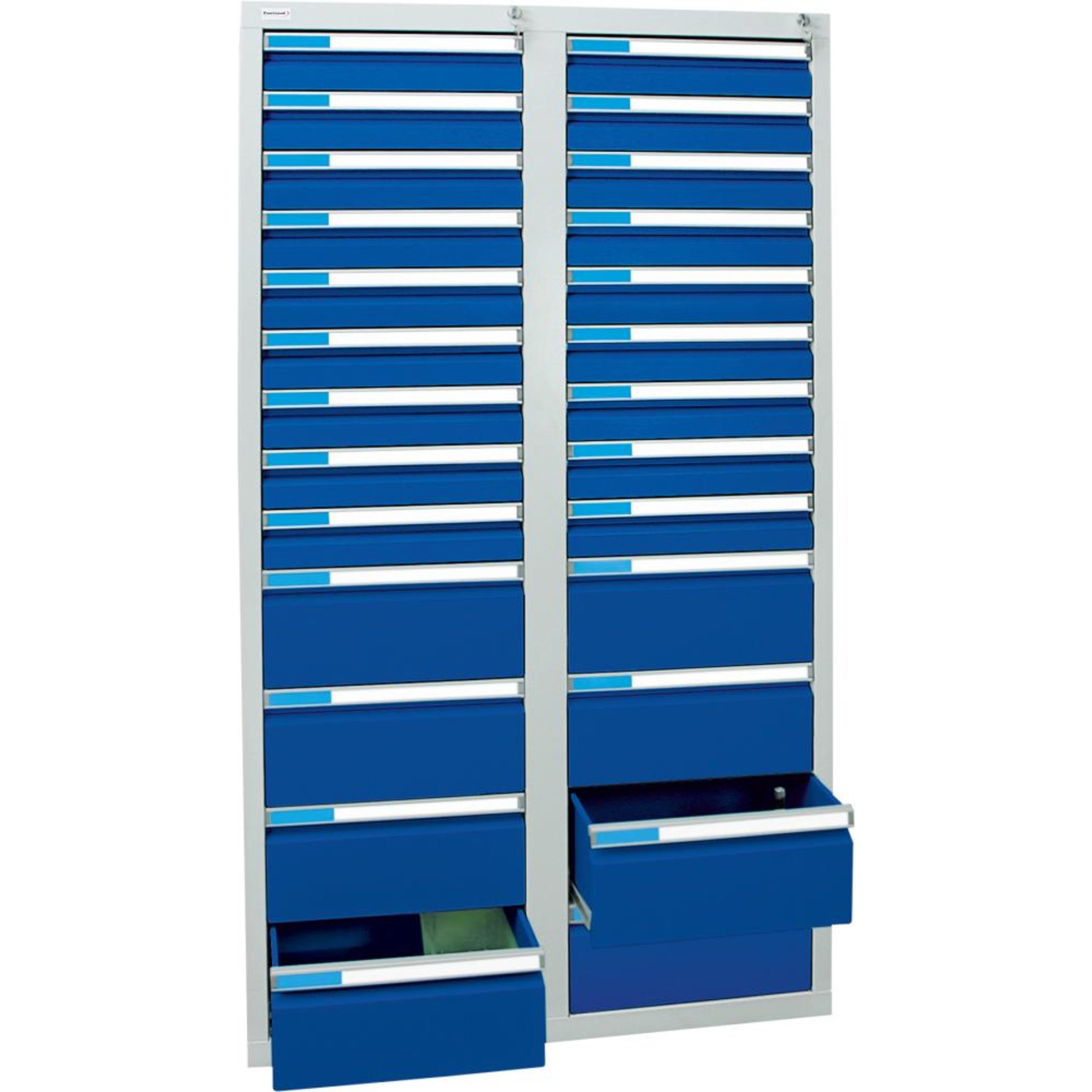 Format Schubladenschrank B1800xT1000xH500mm RAL 7035/5010 26 Schubladen 75kg