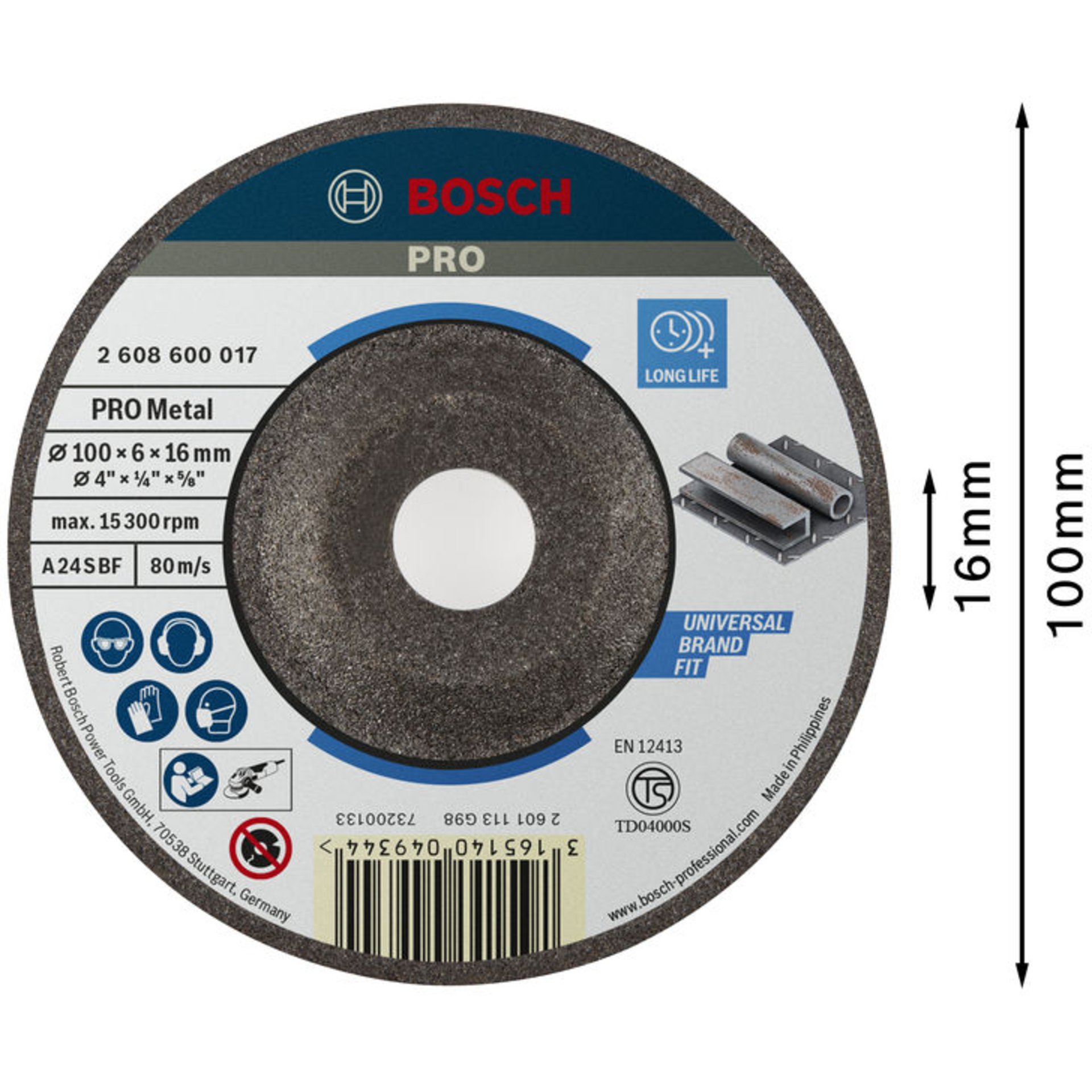 PRO Metal Schleifscheibe, 100 x 6 x 16 mm