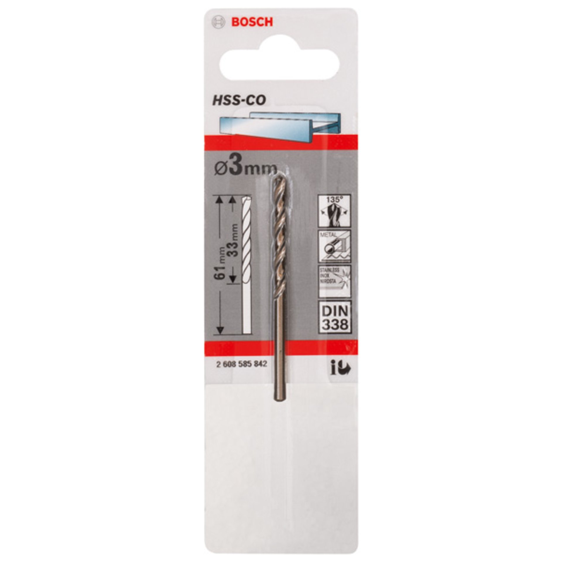 Metallbohrer HSS-Co, DIN 338, 3 x 33 x 61 mm, 1er-Pack