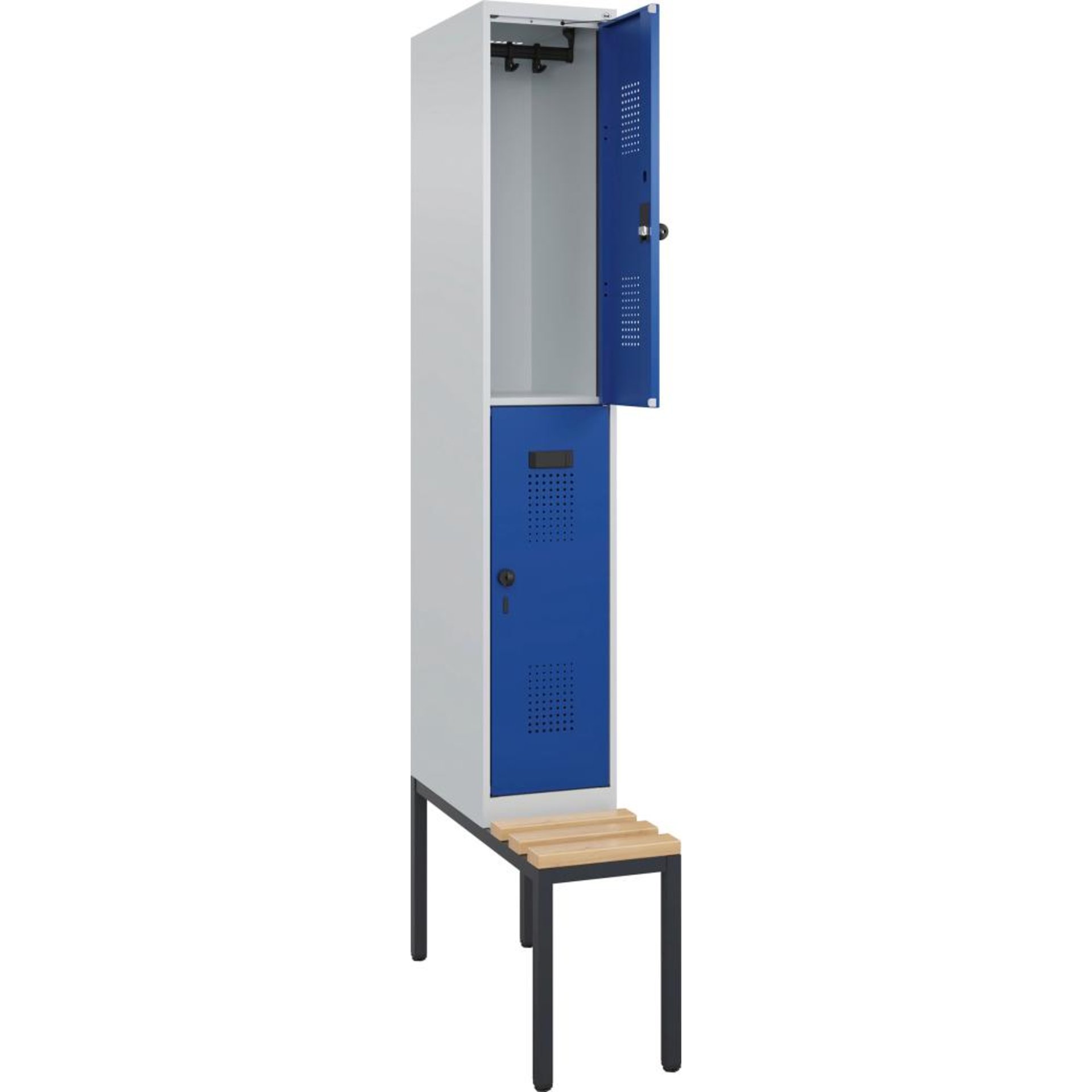 Doppelst. Schrank EVOLO mit untergeb. Sitzbank RAL7035/5010, 1x2Abteile B300xT500xH2120mm