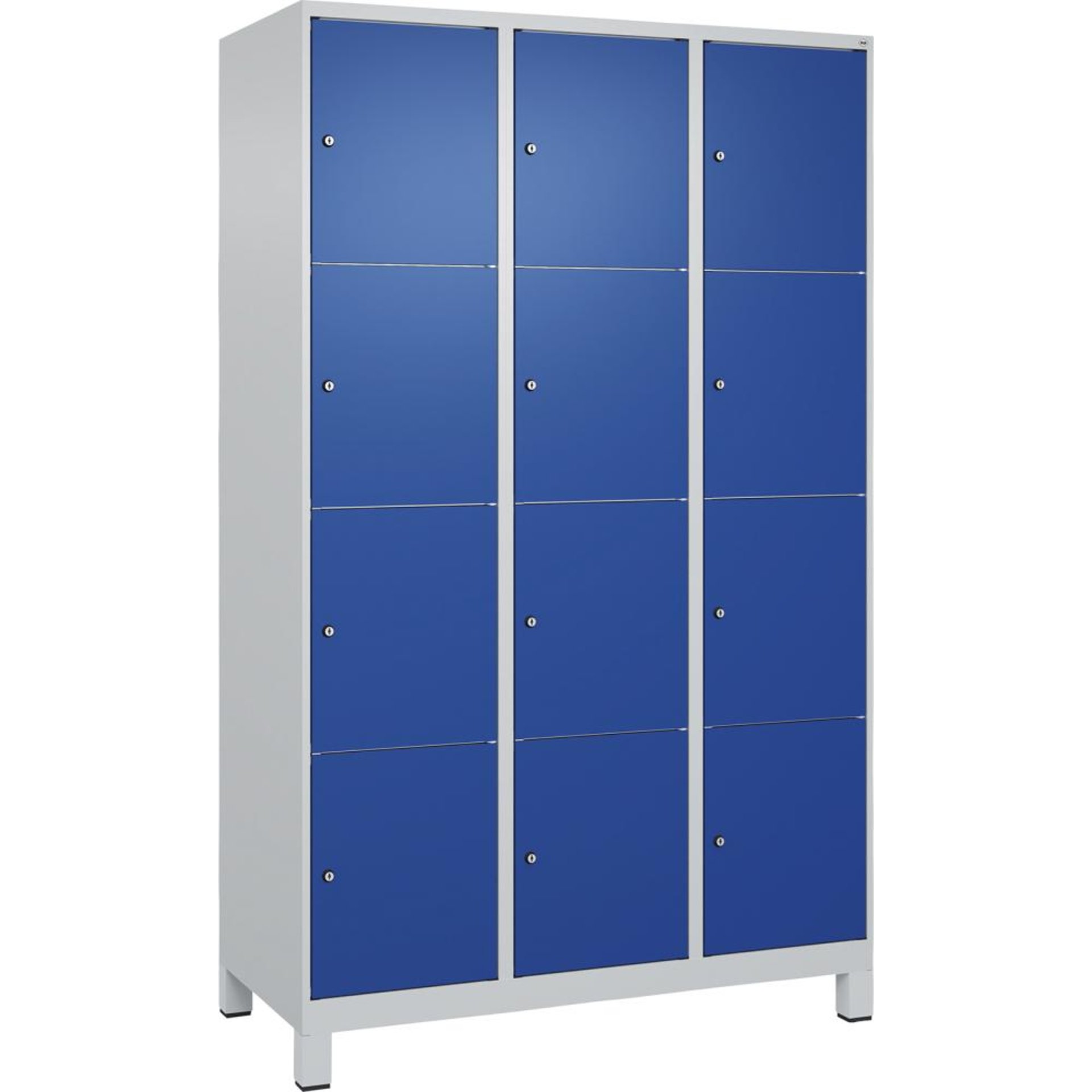 Fächerschrank CLASSIC B1200xT500xH1950 mm RAL 7035/5010, 3x4 Fächermit 100 mm hohen Füßen