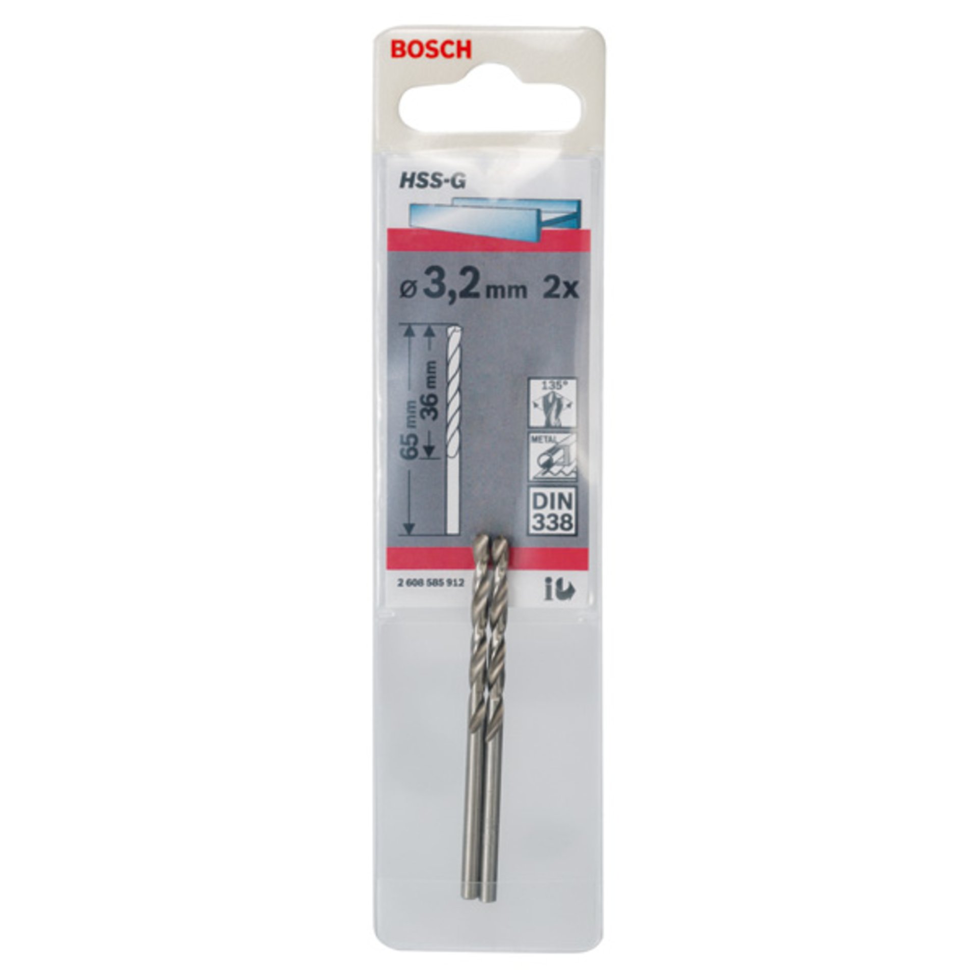 Metallbohrer HSS-G, DIN 338, 3,2 x 36 x 65 mm, 2er-Pack