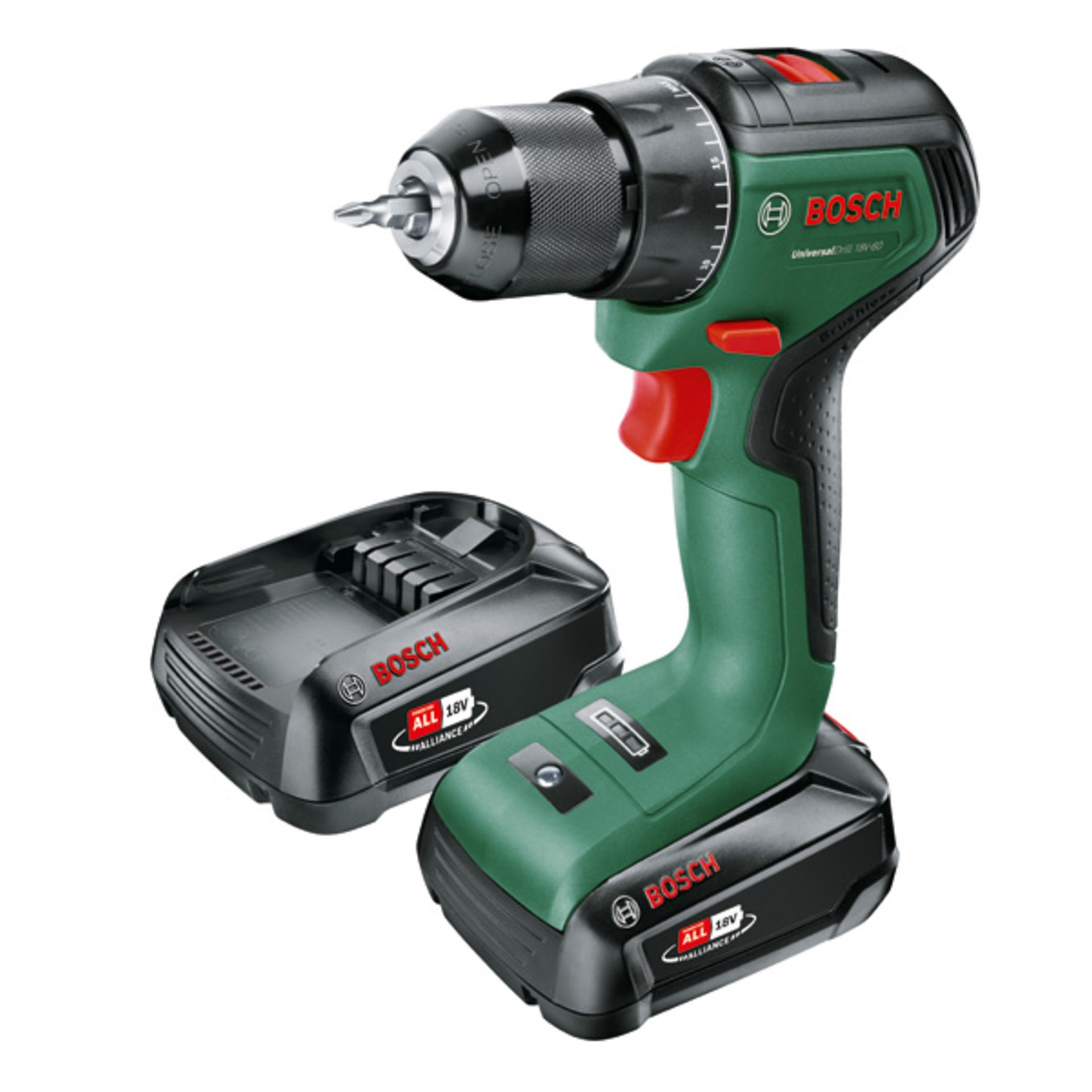 Akku-Bohrschrauber UniversalDrill 18V-60, 2 x Akku PBA 18V 2.0Ah, Tragekoffer