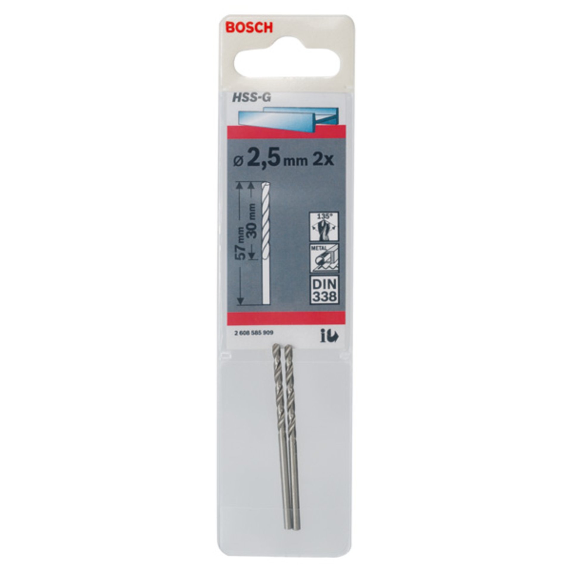 Metallbohrer HSS-G, DIN 338, 2,5 x 30 x 57 mm, 2er-Pack