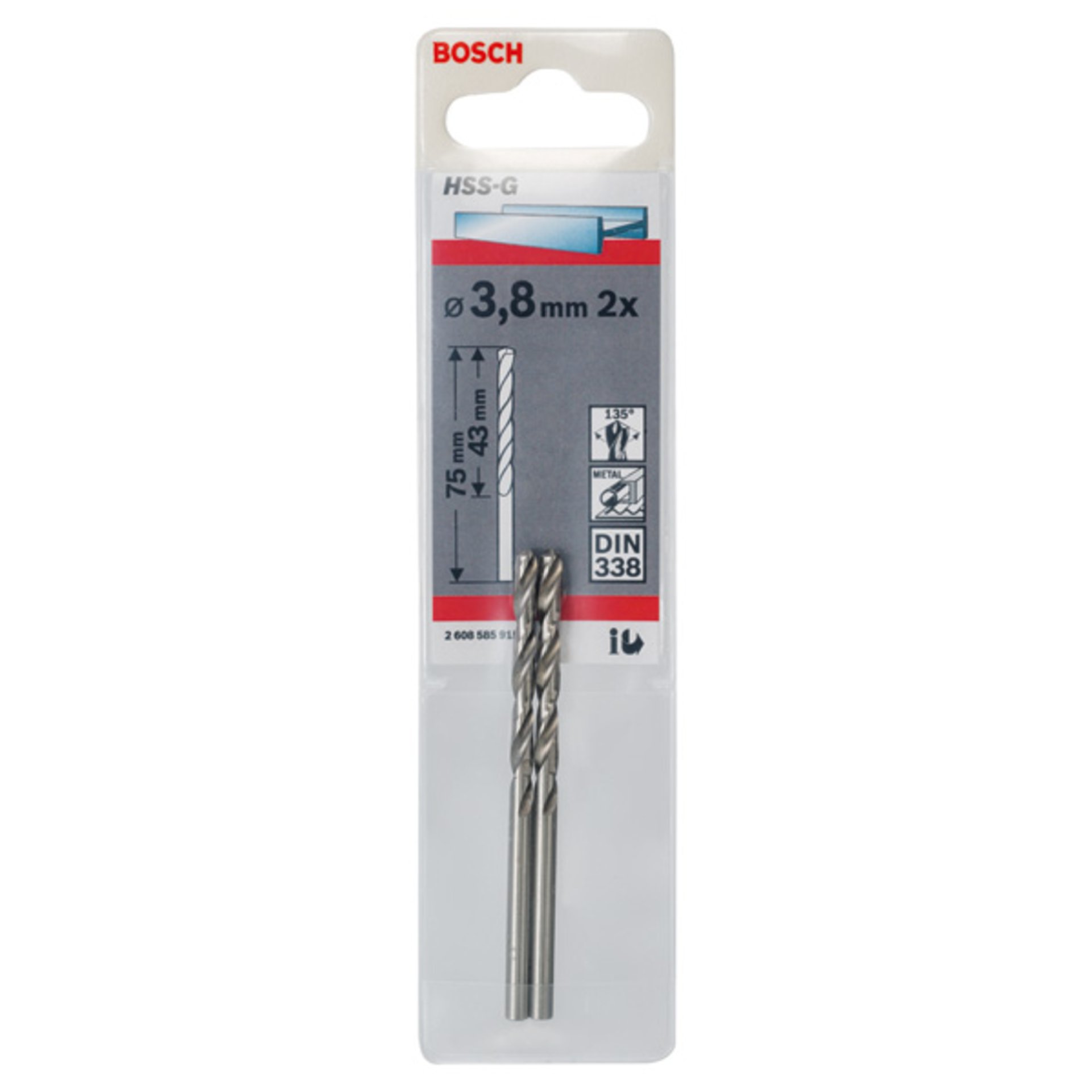 Metallbohrer HSS-G, DIN 338, 3,8 x 43 x 75 mm, 2er-Pack