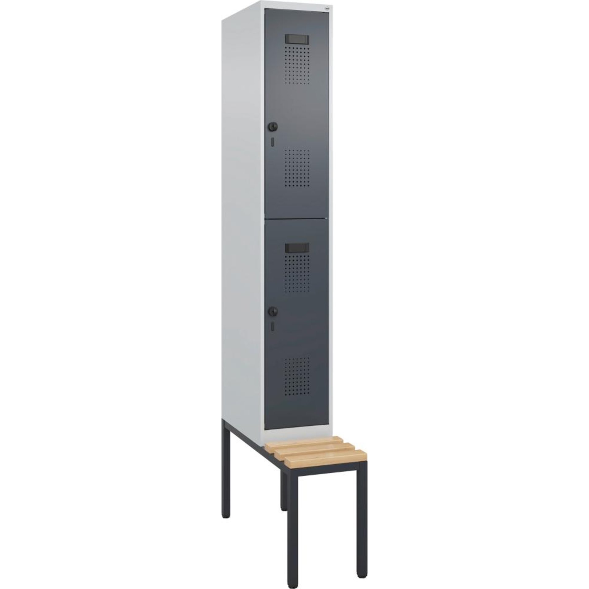 Doppelst. Schrank EVOLO mit untergeb. Sitzbank RAL7035/7016, 1x2Abteile B300xT500xH2120mm