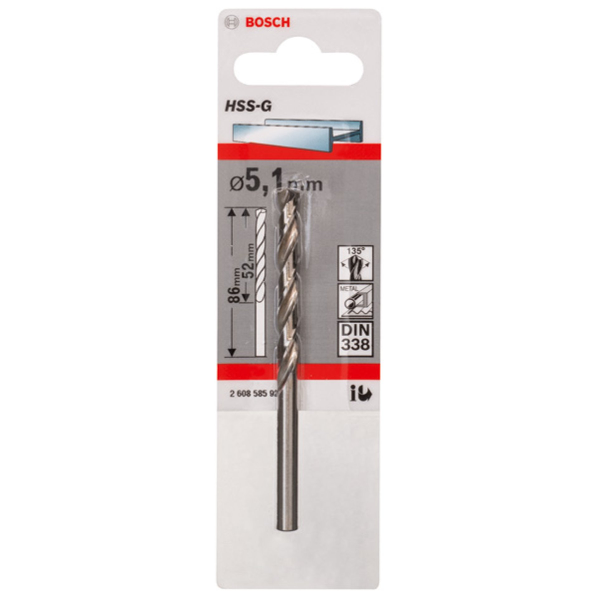 Metallbohrer HSS-G, DIN 338, 5,1 x 52 x 86 mm, 1er-Pack