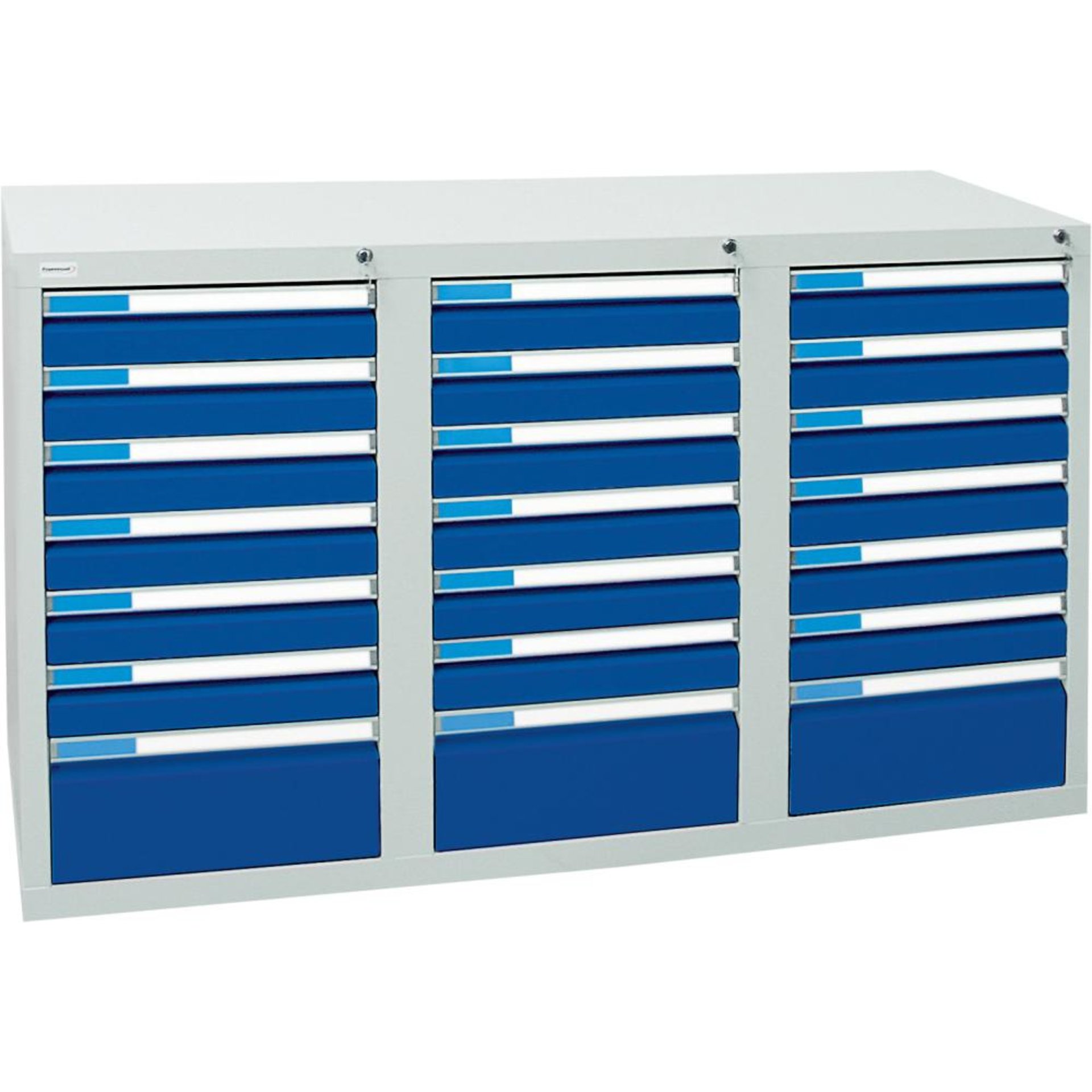 Format Schubladenschrank B500xT1500xH900mm RAL 7035/5010 21 Schubladen 75kg