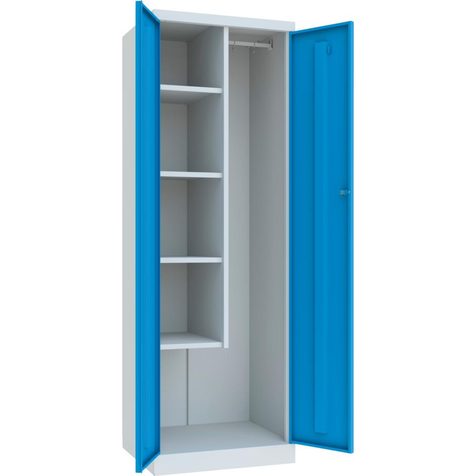 Putzmittelschrank Trennwand, 4 Böden 180° auf Sockel RAL 7035/5012 B600xT500xH1800mm