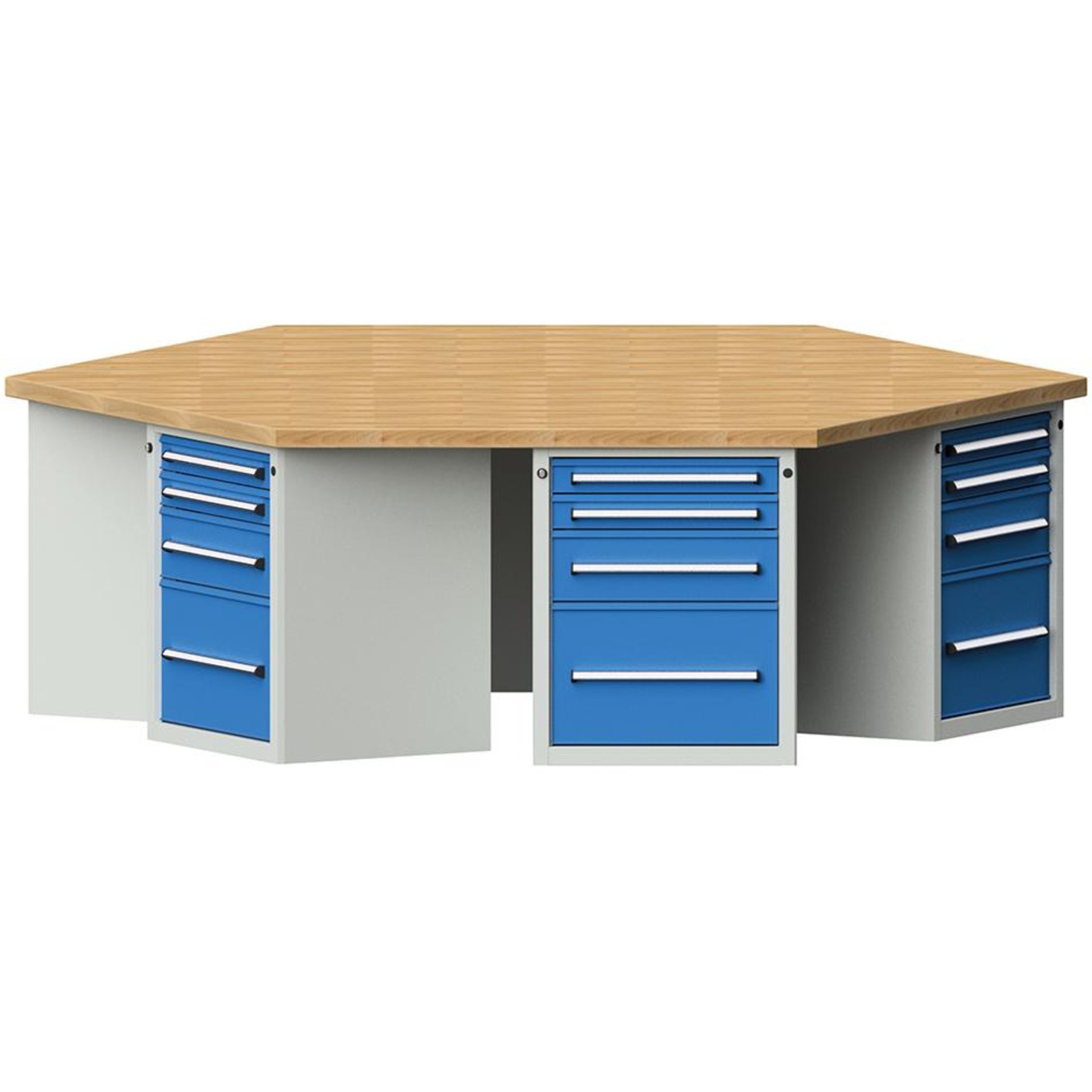 Anke 6-Eck-Werkbank B2340xT2700xH850mm RAL7035/5012 BMP: 50 mm 6 Schränke mit je 4 SL