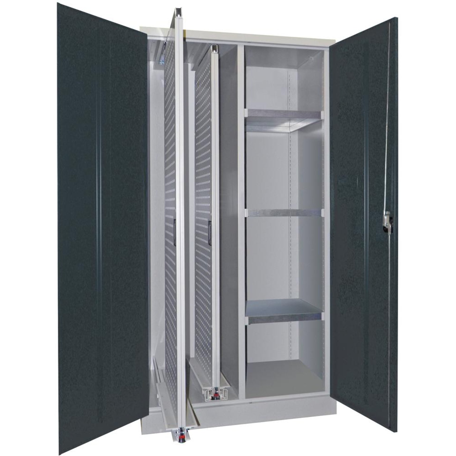 Vertikalauszugsschrank B1000xT600xH1950 mm 2 Wannen, 3 Böden RAL 7035/7016, Mittelwand