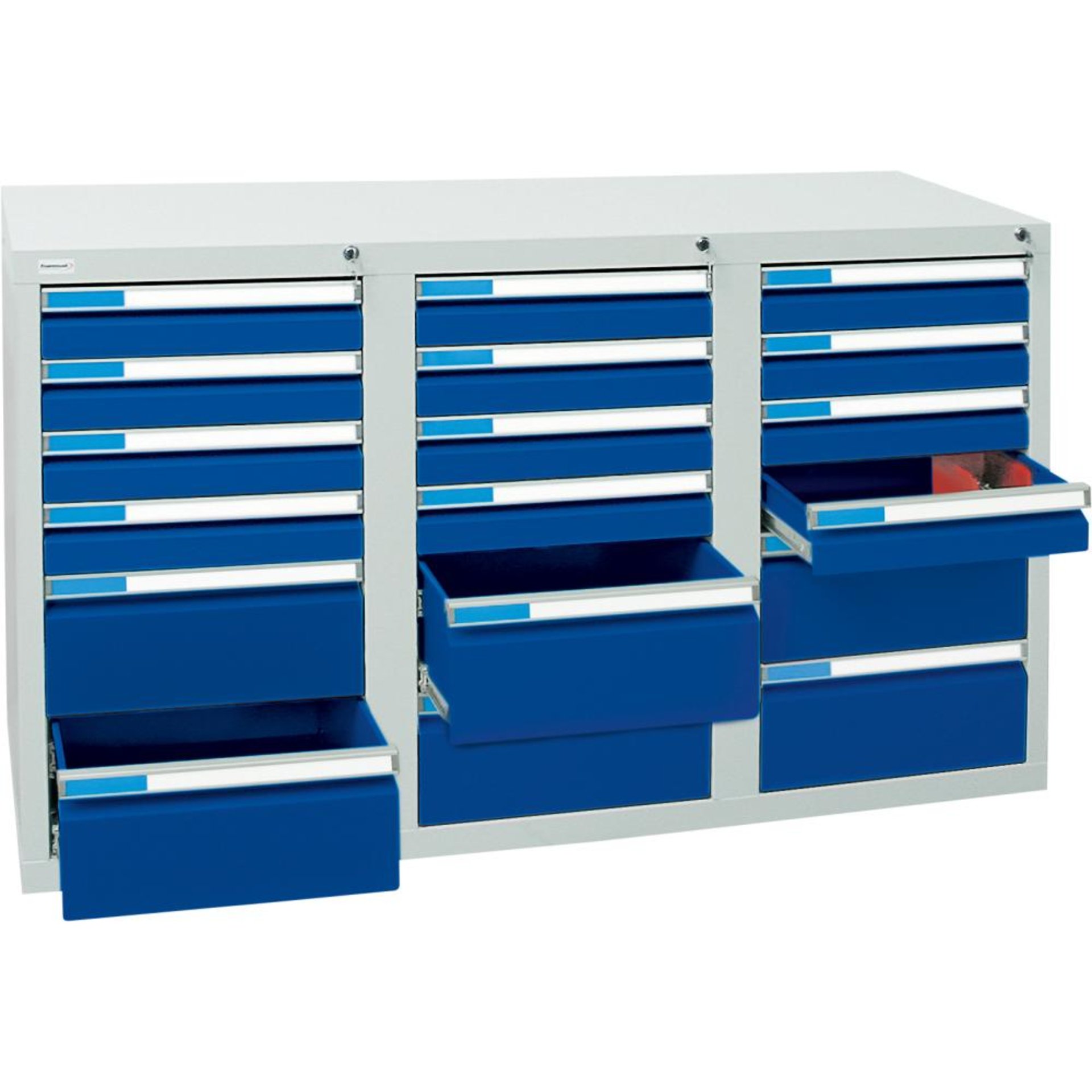 Format Schubladenschrank B500xT1500xH900mm RAL 7035/5010 18 Schubladen 75kg