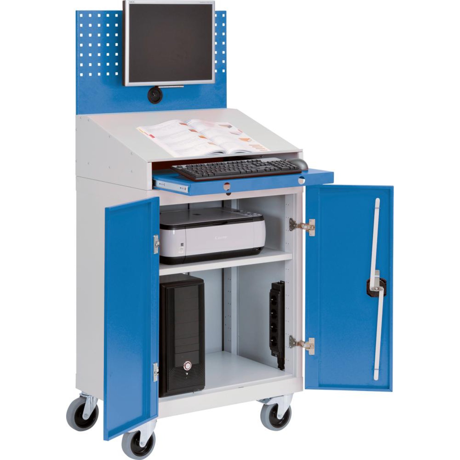 Computerschrank Office mobil Lochwand 2 Türen Tasturauszug VESA-Halter B680xT500xH1610mm