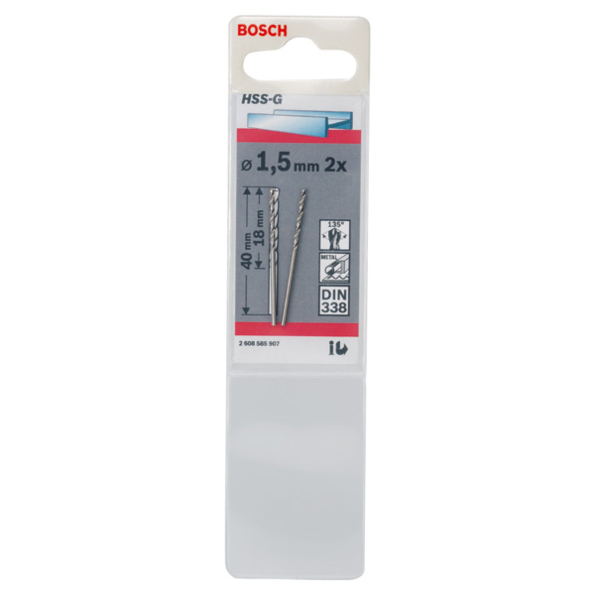 Metallbohrer HSS-G, DIN 338, 1,5 x 18 x 40 mm, 2er-Pack
