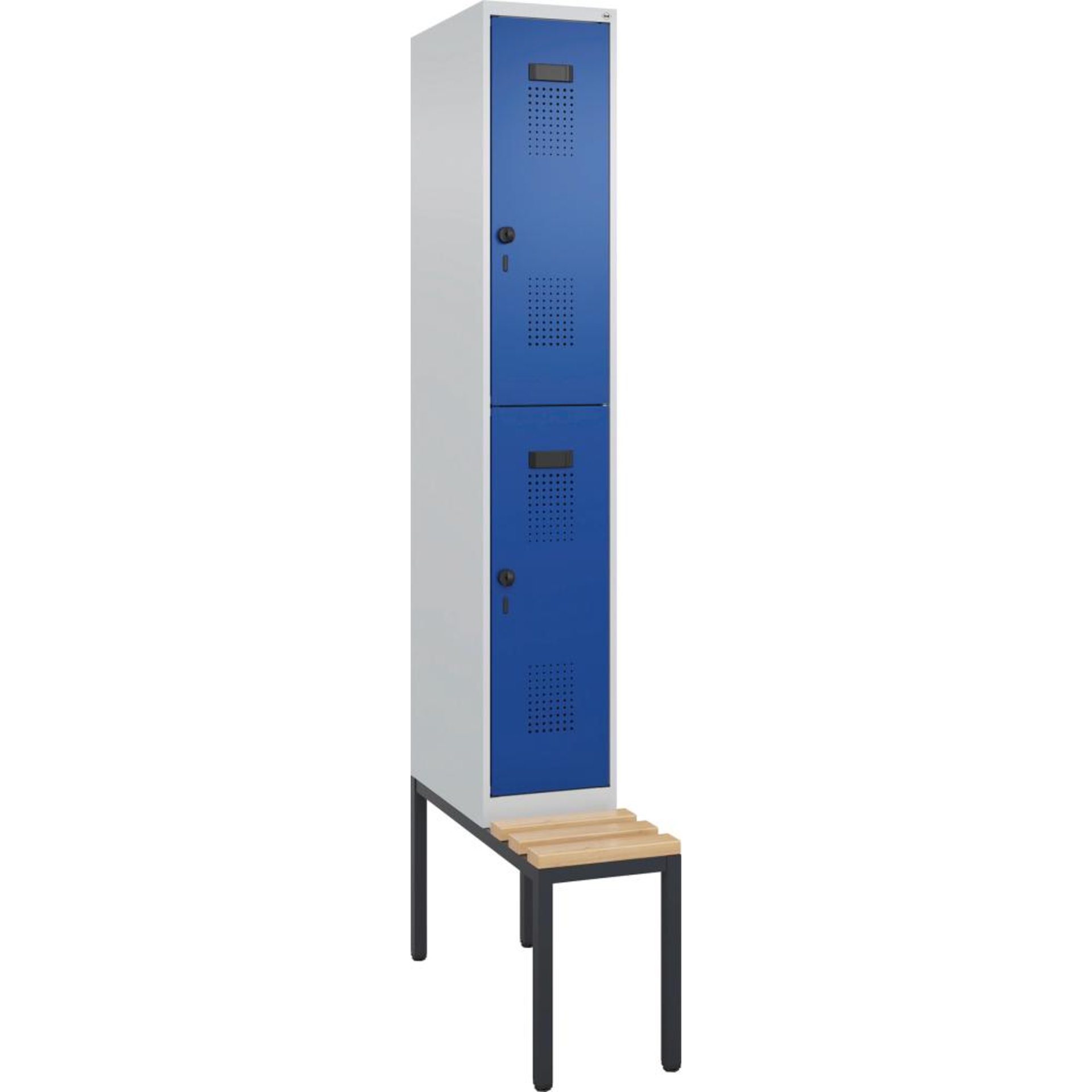 Doppelst. Schrank EVOLO mit untergeb. Sitzbank RAL7035/5010, 1x2Abteile B300xT500xH2120mm