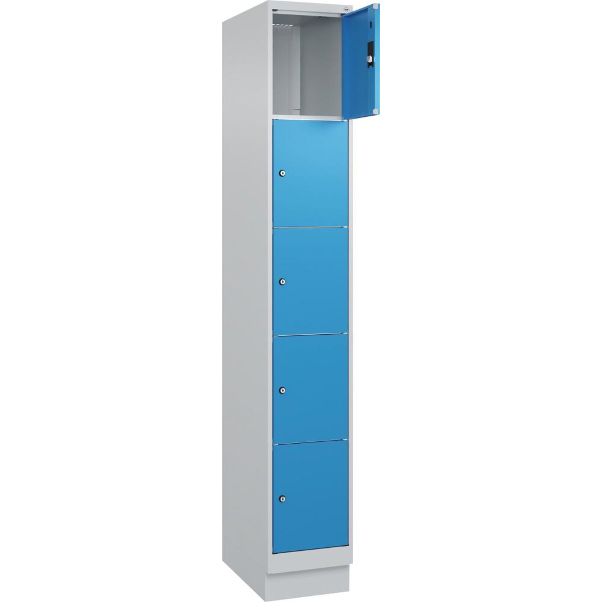 Fächerschrank CLASSIC B300xT500xH1950 mm RAL 7035/5012, 1x5 Fächermit 100 mm hohem Sockel