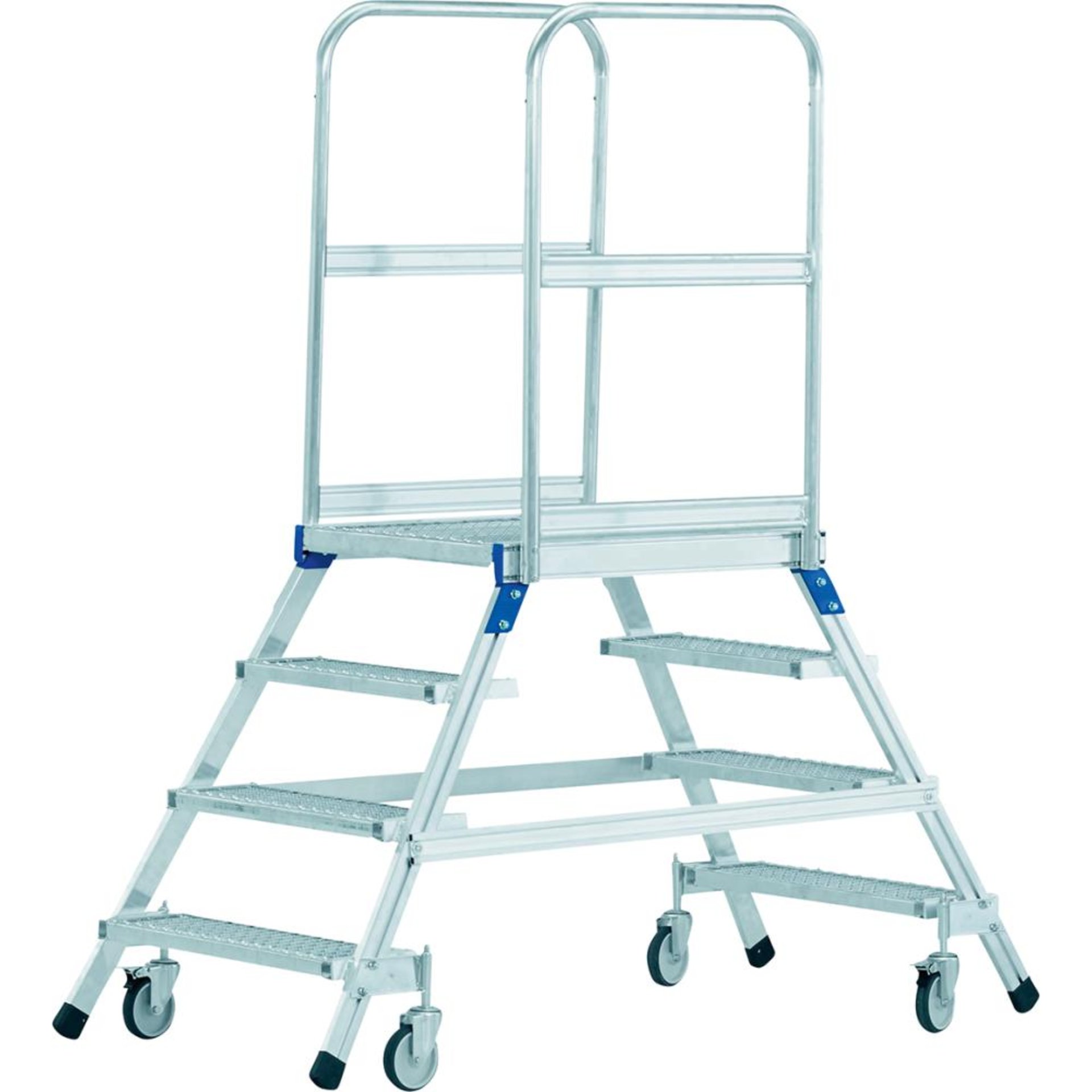 Podesttreppe, fahrbar, beidseitig begehbar, Stahlgitterrost-Stufen