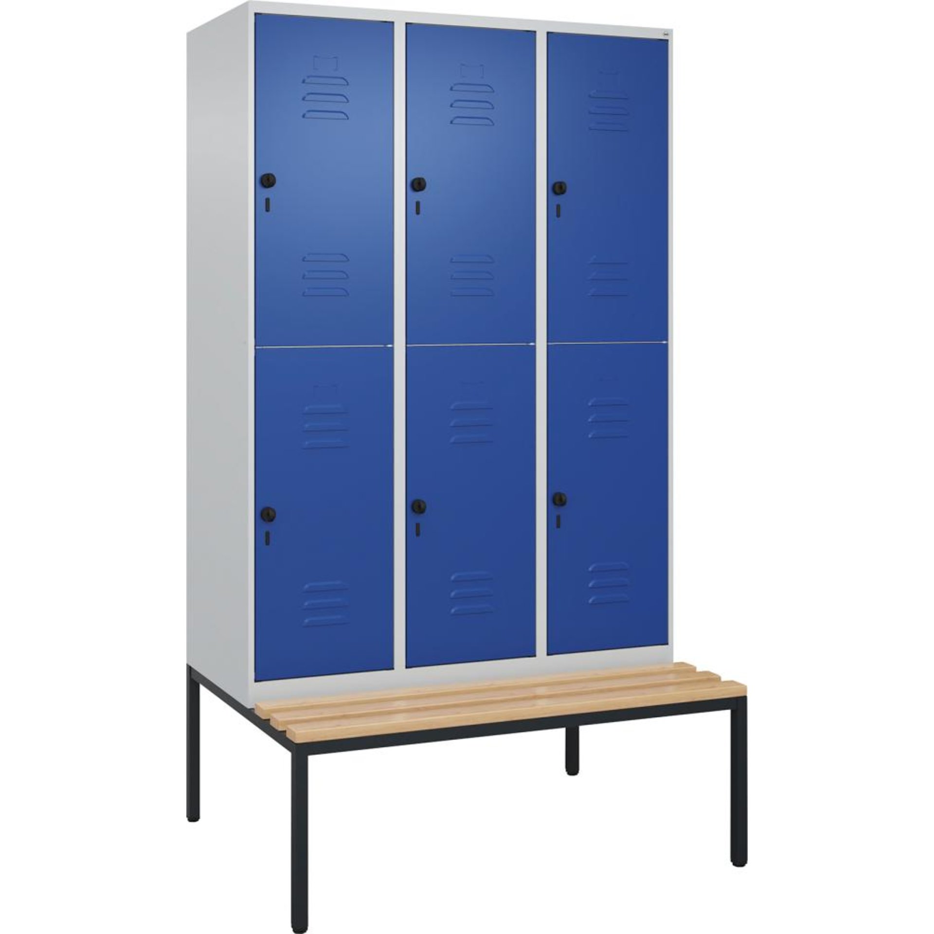Doppelst. Schrank CLASSICB1200xT500xH2120 mm RAL 7035/5010, 3x2Abteilemit untergeb. Sitzbank
