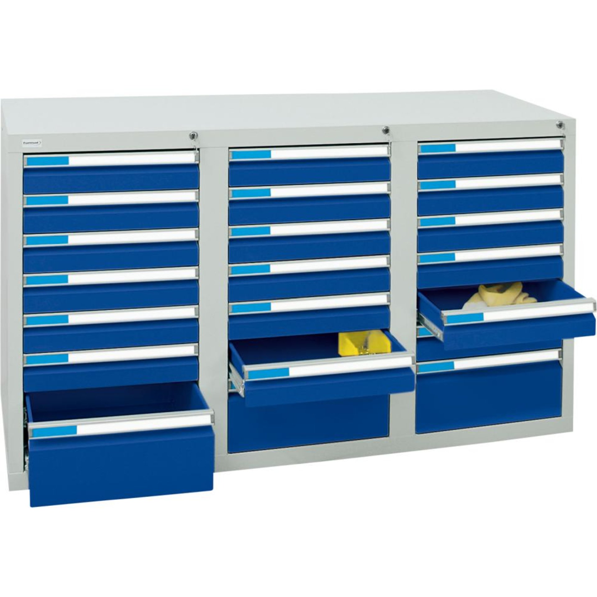 Format Schubladenschrank B500xT1500xH900mm RAL 7035/5010 21 Schubladen 75kg