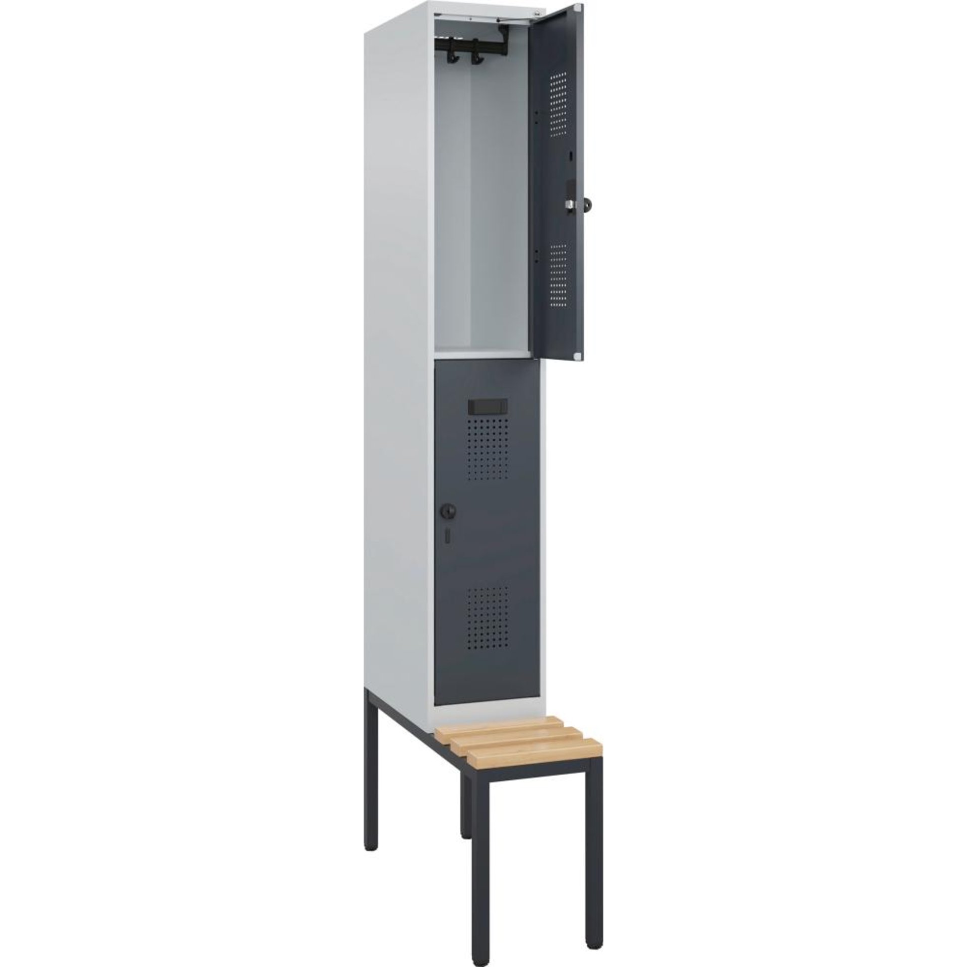 Doppelst. Schrank EVOLO mit untergeb. Sitzbank RAL7035/7016, 1x2Abteile B300xT500xH2120mm