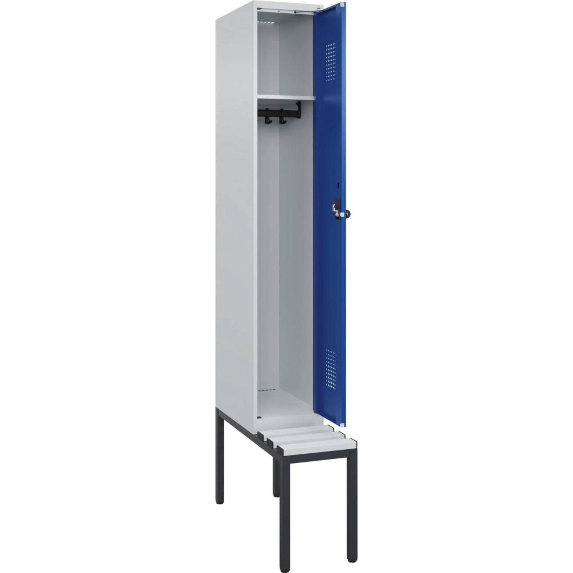 Garderobenschrank EVOLO mit U.-Bank, KST-Leisten RAL 7035/5010, 1 Abteil B300xT500xH2120mm
