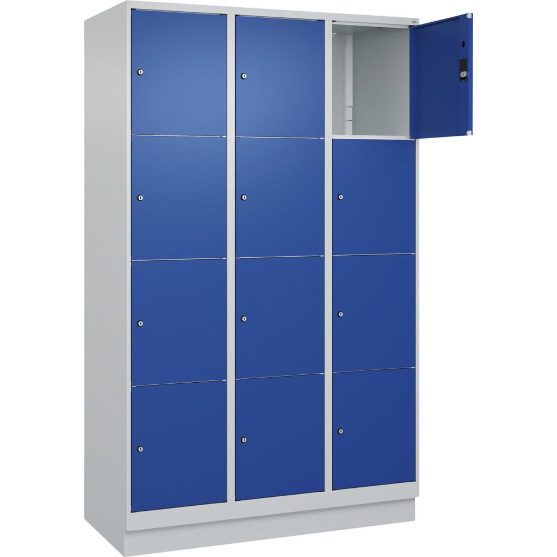 Fächerschrank CLASSIC B1200xT500xH1950 mm RAL 7035/5010, 3x4 Fächermit 100 mm hohem Sockel