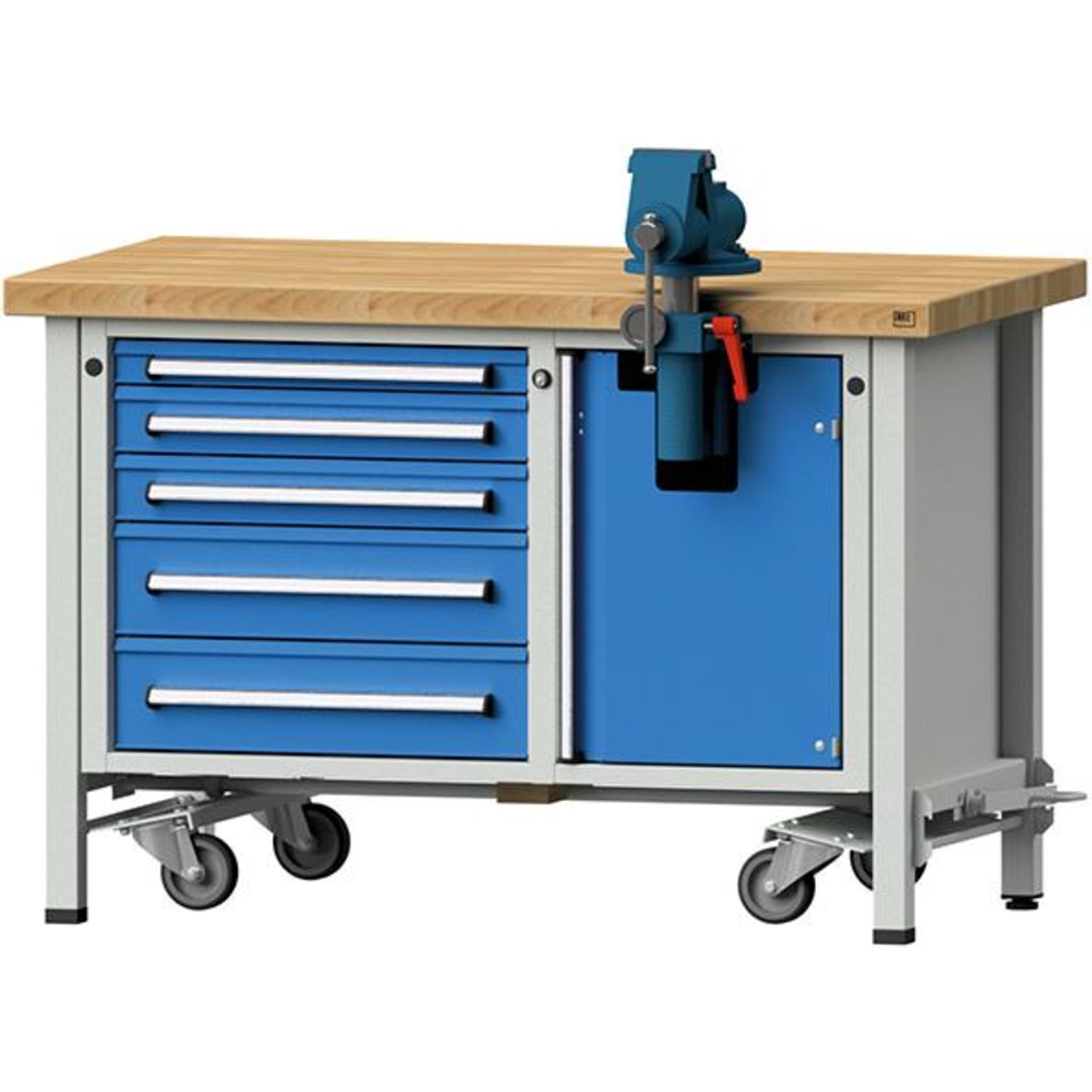 Anke Montagewerkbank B1270xT700xH850mm RAL7035/5012 BMP: 50 mm 5 Schubladen, 1 Tür