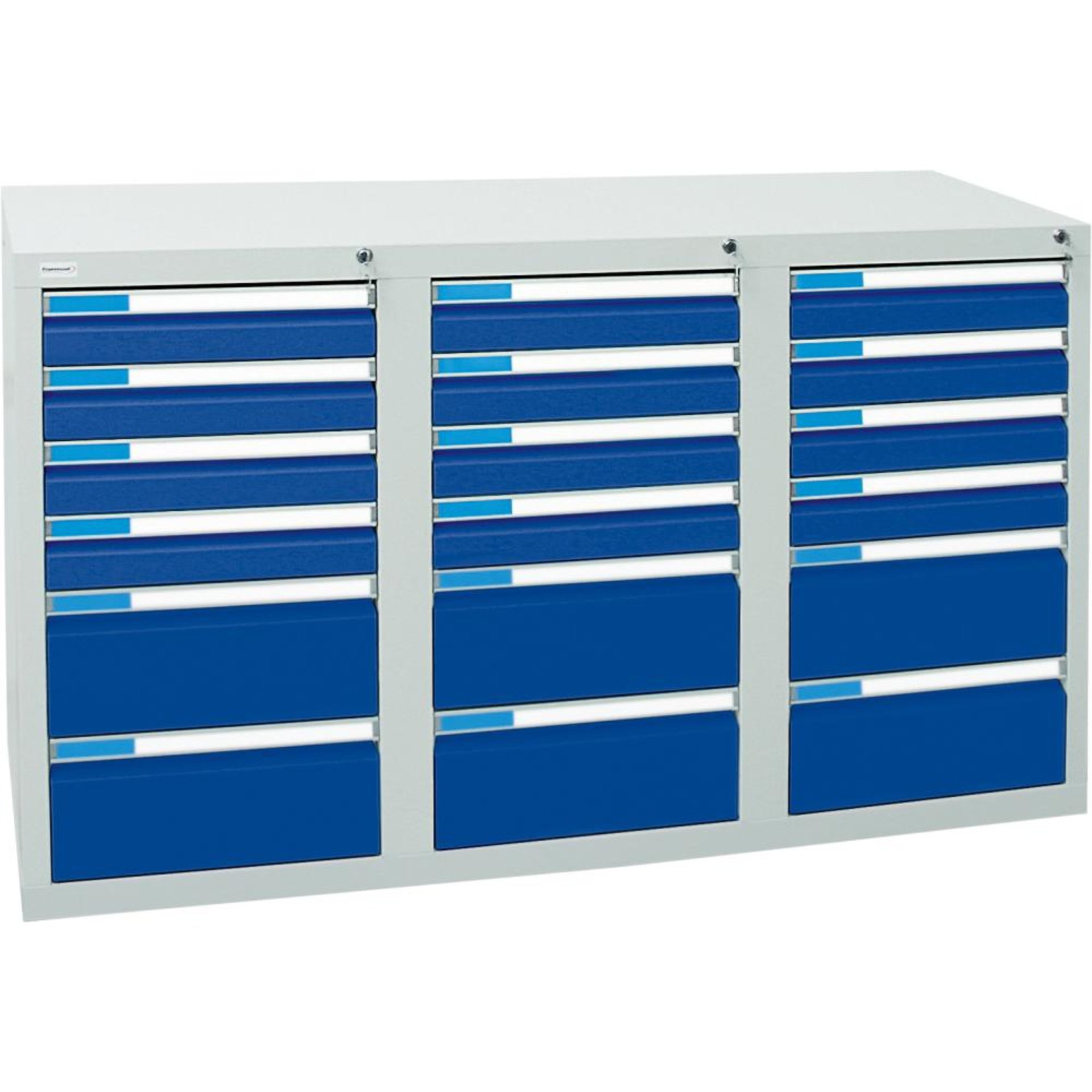 Format Schubladenschrank B500xT1500xH900mm RAL 7035/5010 18 Schubladen 75kg