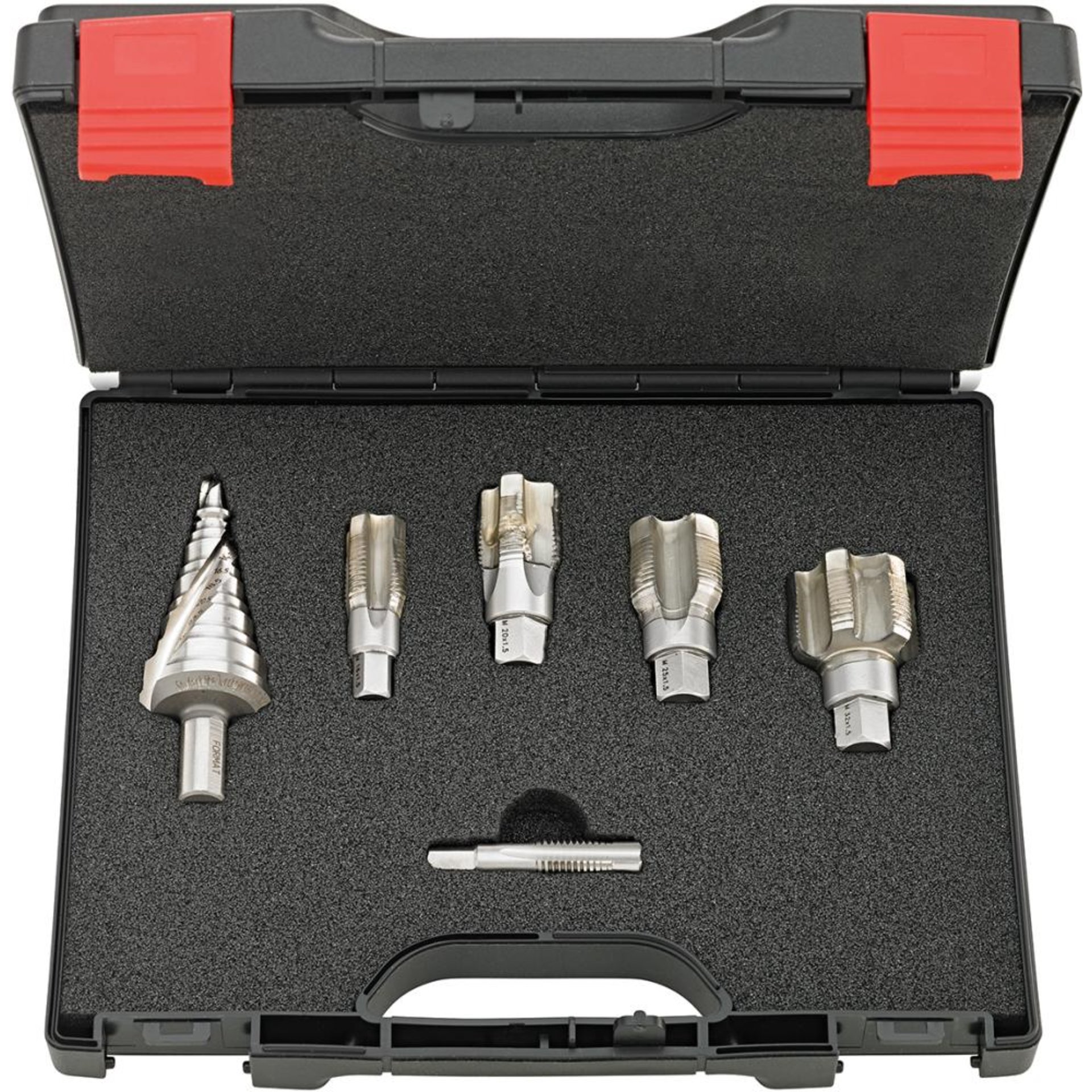 Einschnittgewindebohrer- Satz M12 bis M32 x1,5 mitStufenbohrer 7-32,5mm FORMAT