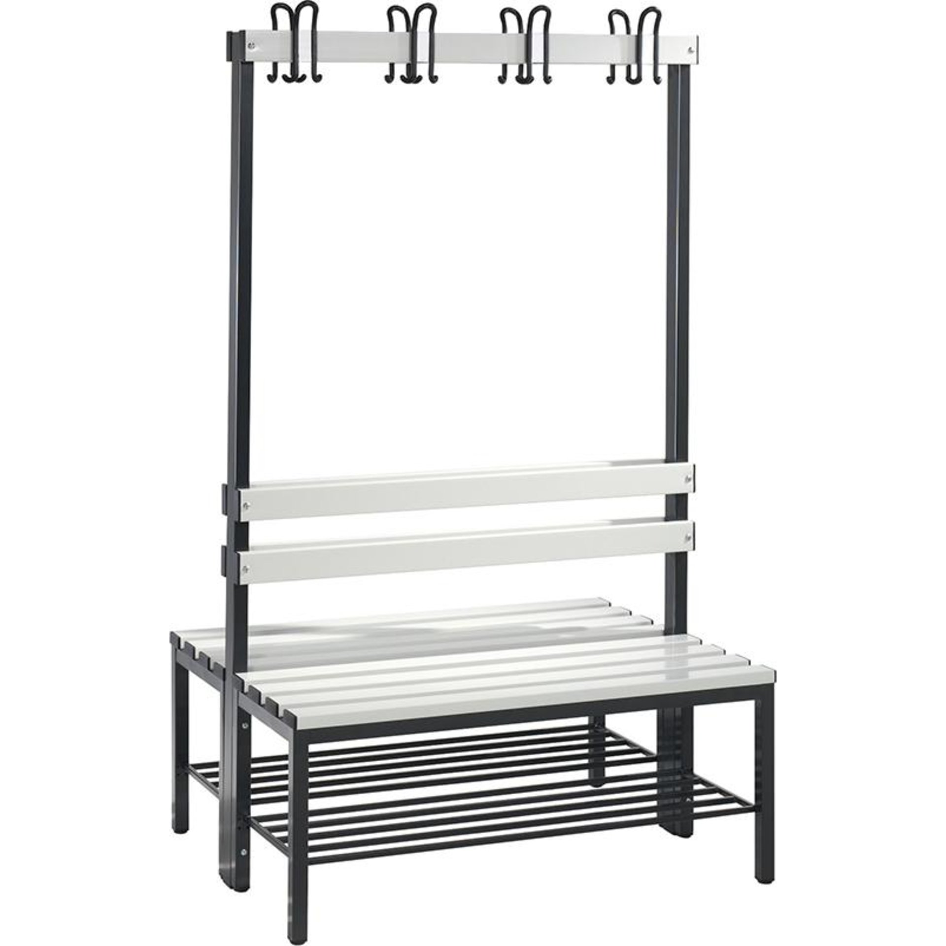 Garderobenbank doppels. B1000xT756xH1710 mm RAL 7021/Kst.-Leisten mit Schuhrost, 4 Füße CP
