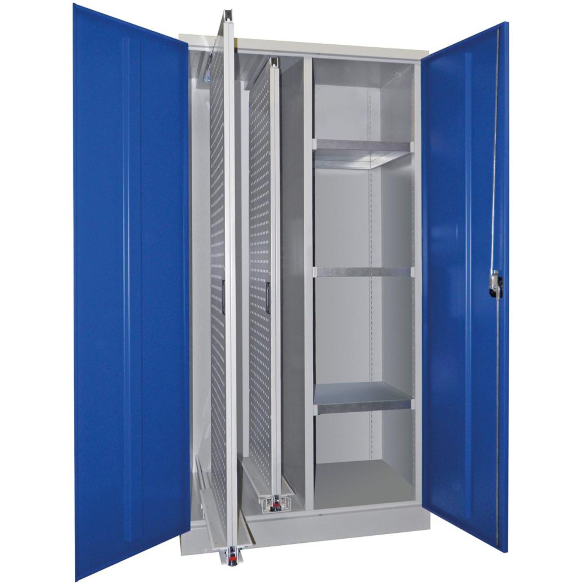 Vertikalauszugsschrank B1000xT600xH1950 mm 2 Wannen, 3 Böden RAL 7035/5012, Mittelwand