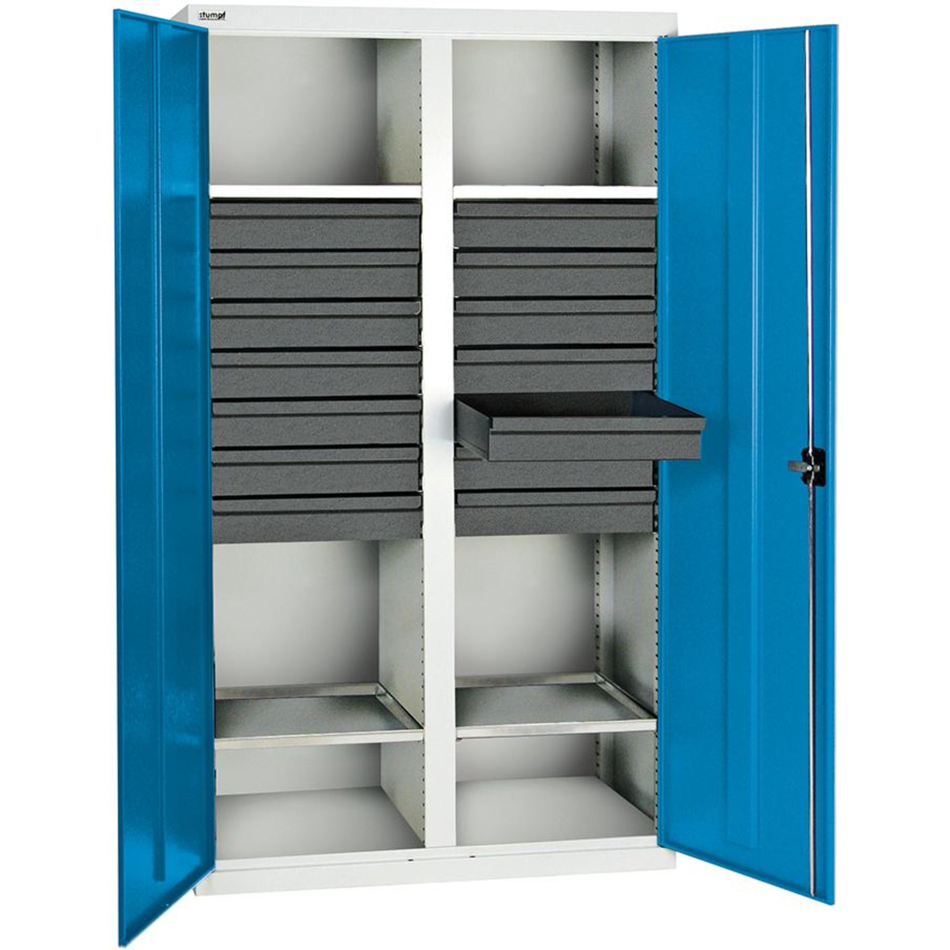 Werkzeugschrank B1000xT500xH1800 mm RAL 7035/5012 14 Schubladen, 4 Wannen