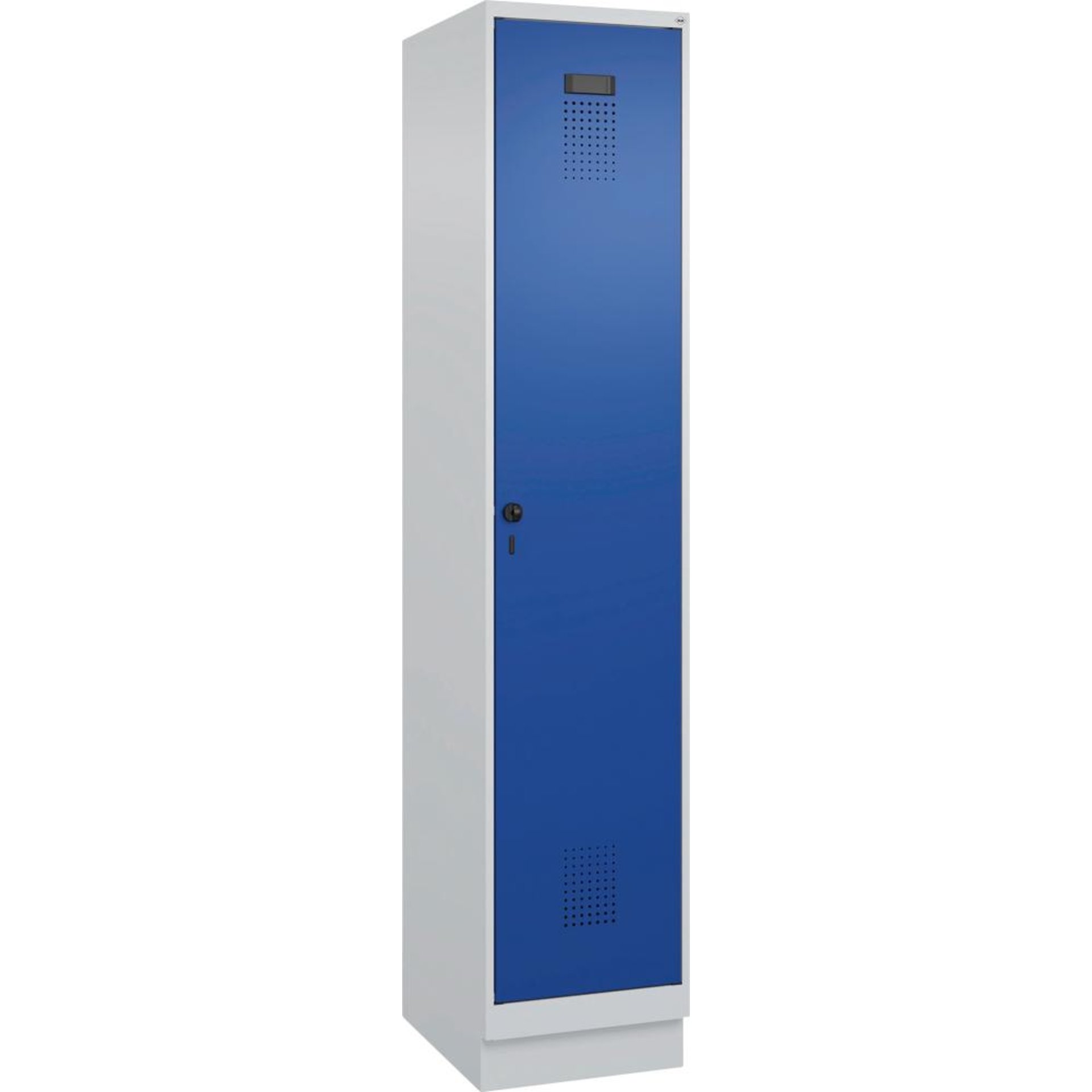Garderobenschrank EVOLO mit 100 mm hohem Sockel RAL 7035/5010, 1 Abteil B400xT500xH1950mm