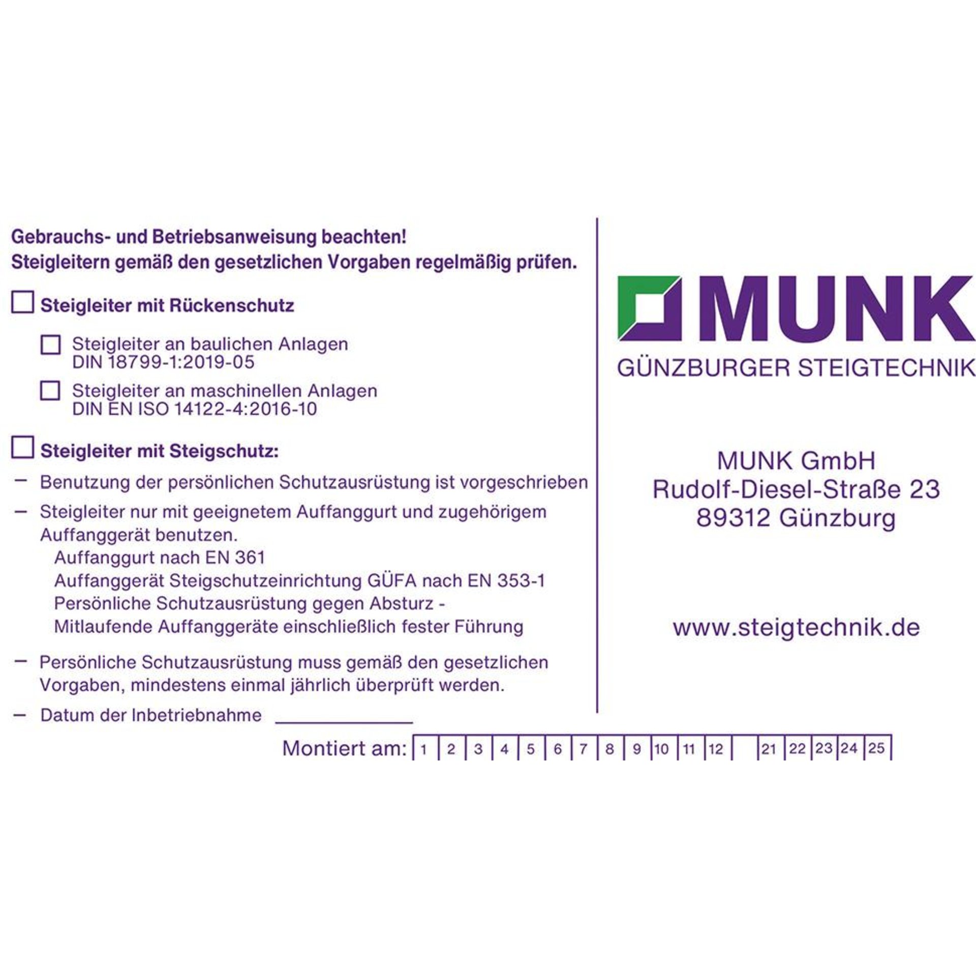 Kennzeichnungsschild für Fallschutzeinrichtung