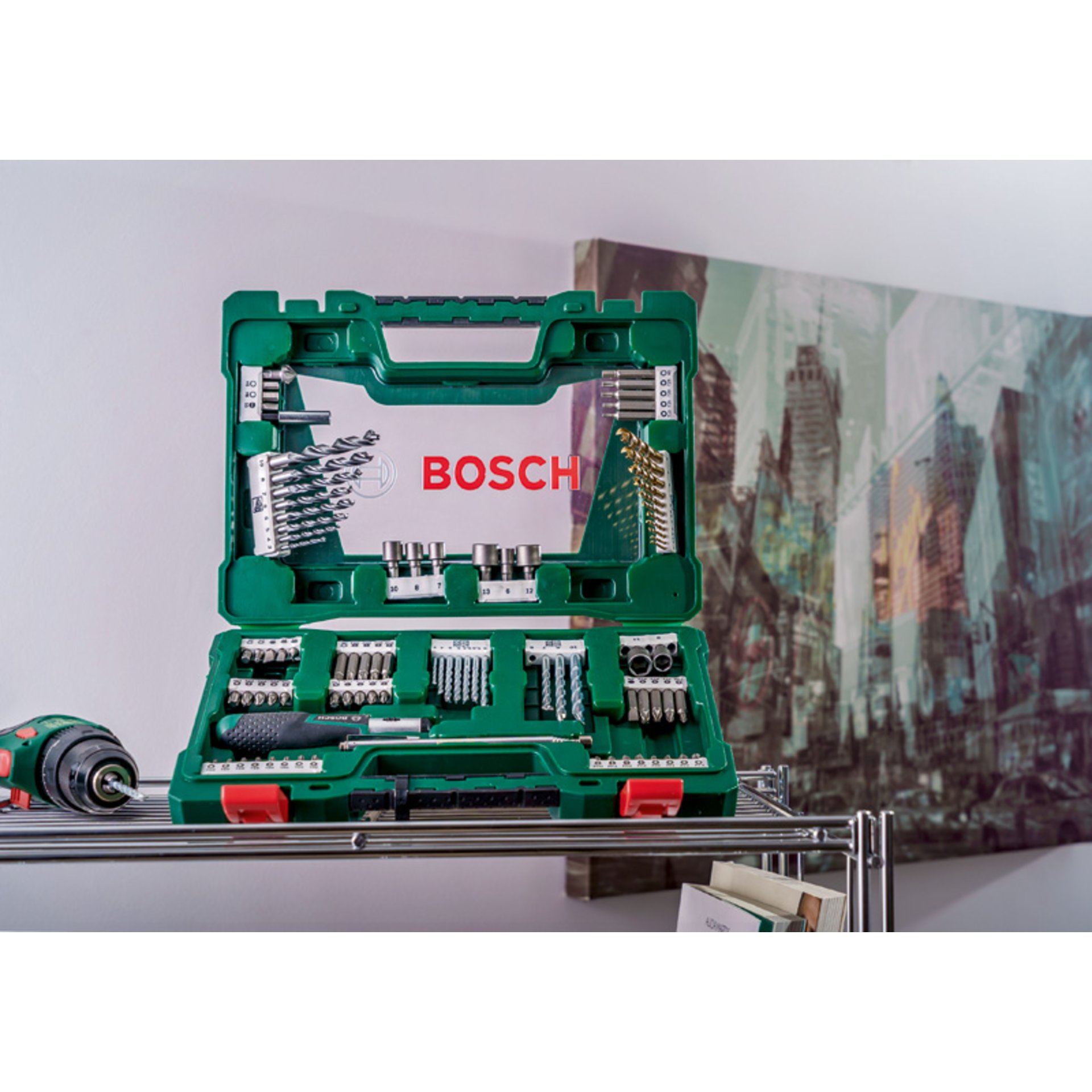 V-Line TiN-Bohrer- und Bit-Set, 91-teilig, Ratschen-Schraubendreher, Magnetstab