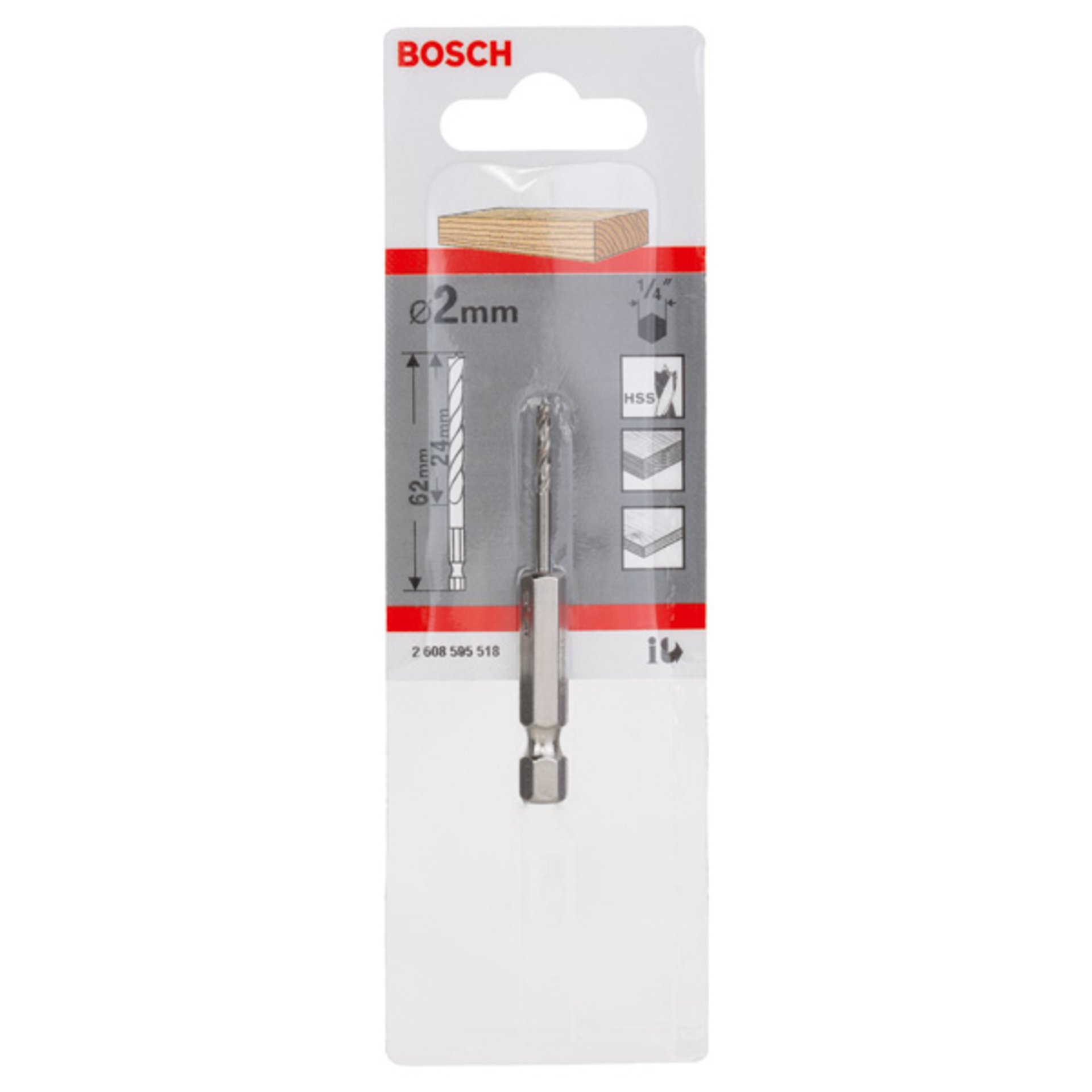 Holzspiralbohrer mit 1/4-Zoll Sechskantschaft, 2 x 24 x 62 mm