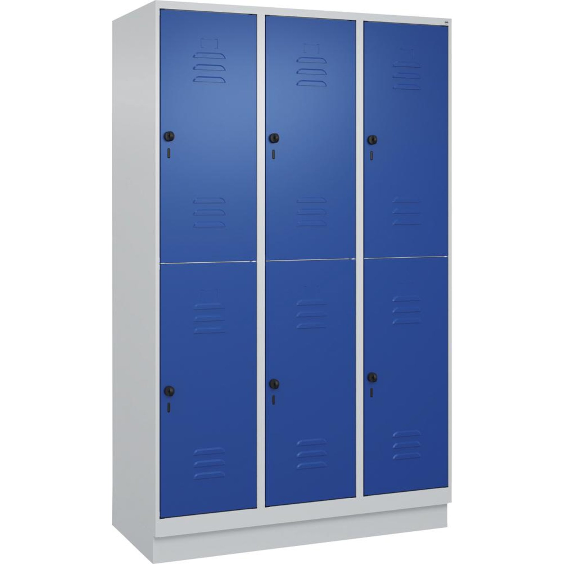 Doppelst. Schrank CLASSICB1200xT500xH1950 mm RAL 7035/5010, 3x2Abteilemit 100 mm hohem Sockel