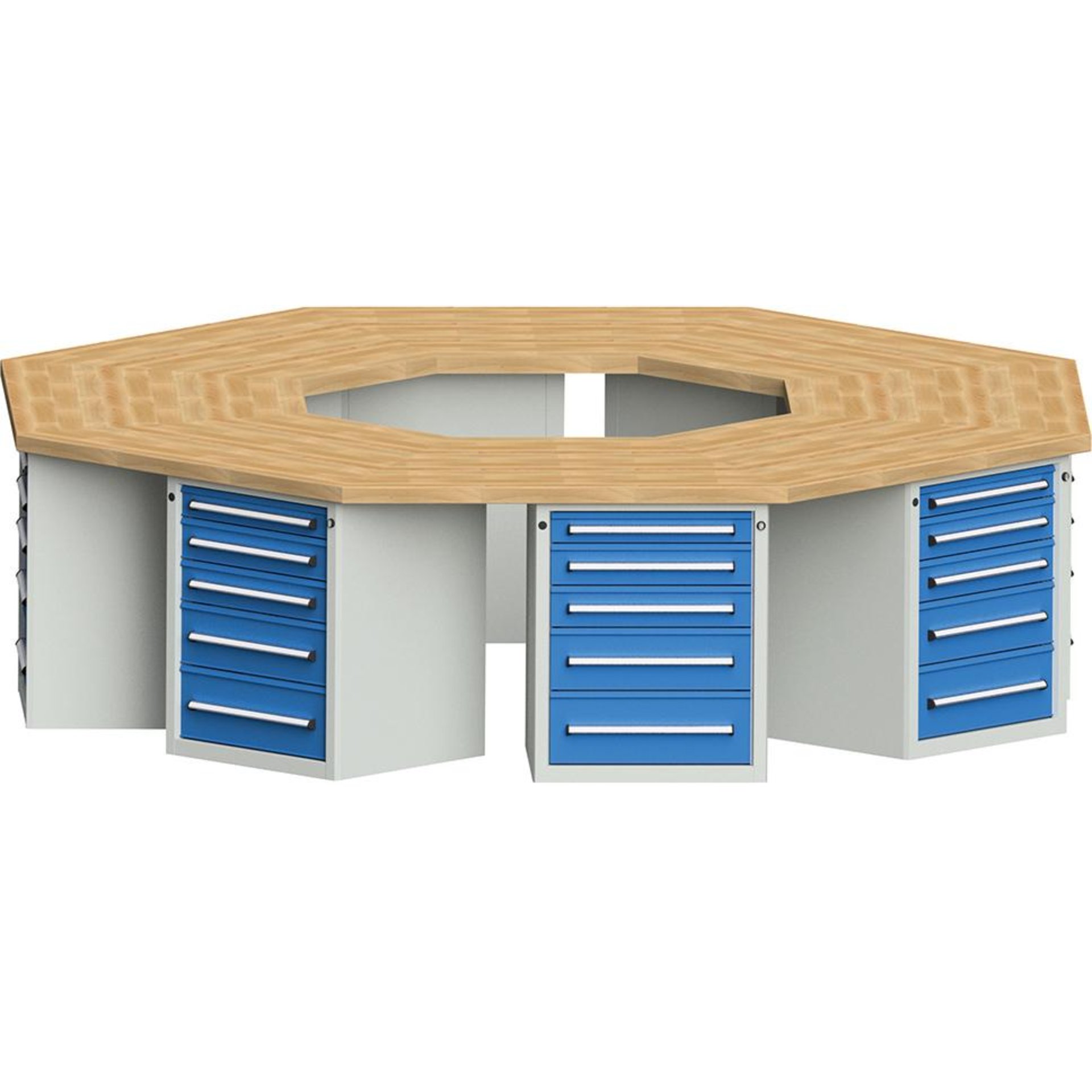 Anke 8-Eck-Werkbank B3018xT3266xH850mm RAL7035/5012 BMP: 50 mm 8 Schränke mit je 5 SL