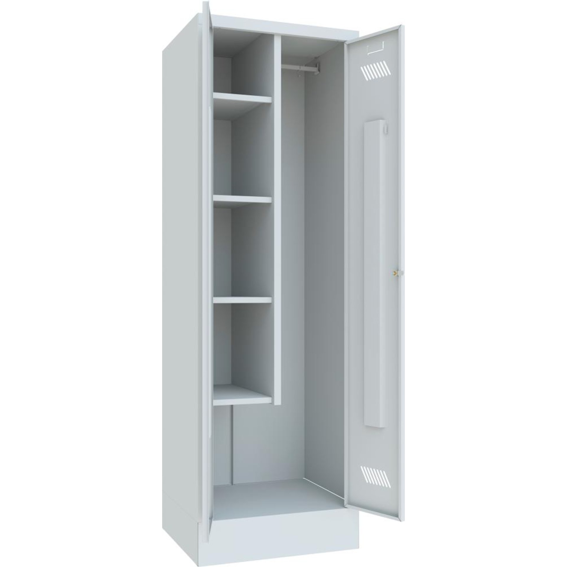 Putzmittelschrank verk. Trennwand, 4 Böden auf Sockel RAL 7035 B600xT500xH1850mm