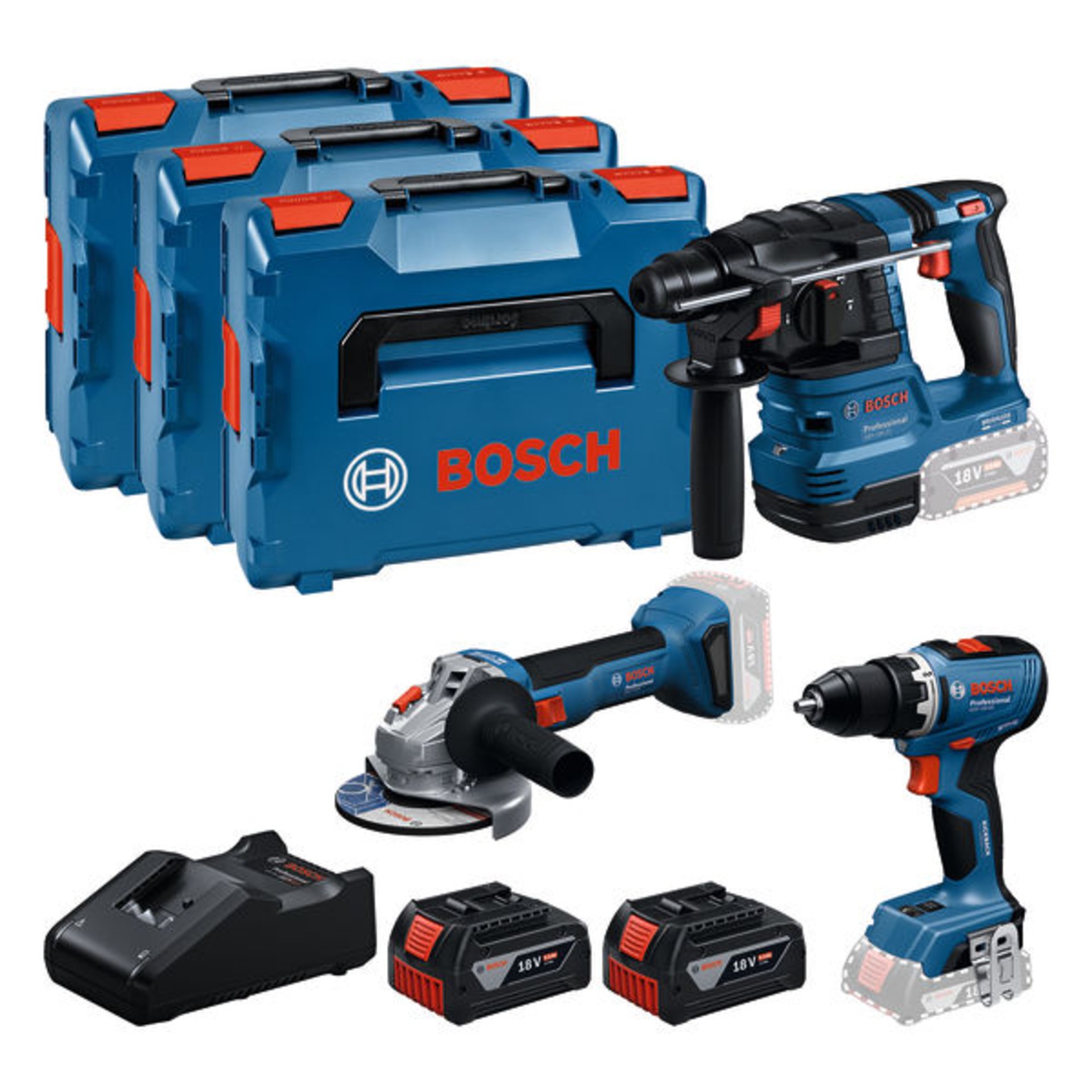 Combo Kit 18V-Set mit 3 Werkzeugen: GSR + GBH + GWS + 2x GBA 5.0 Ah + GAL 18V-40