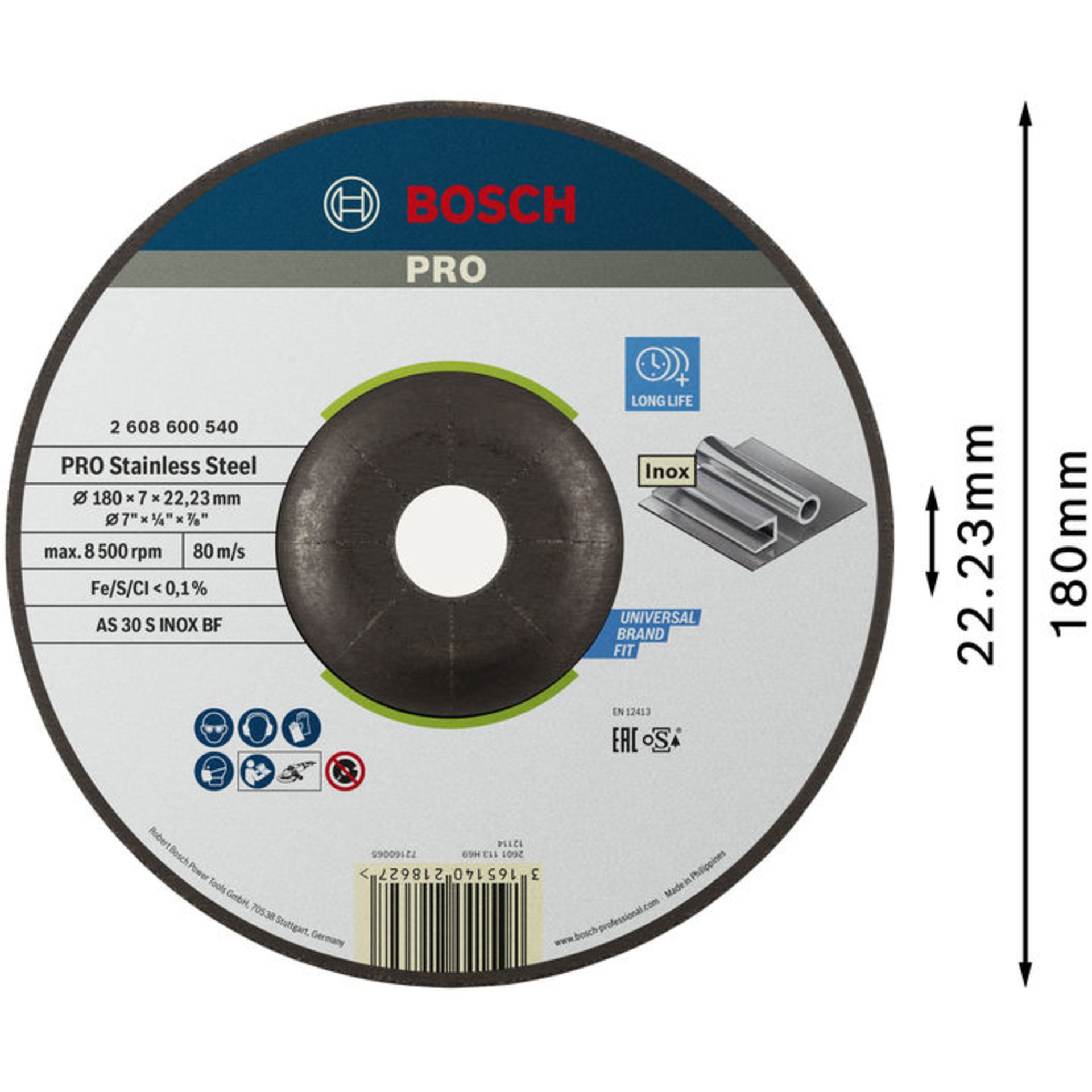 PRO Stainless Steel Schruppscheibe, 180 x 6 x 22,23 mm