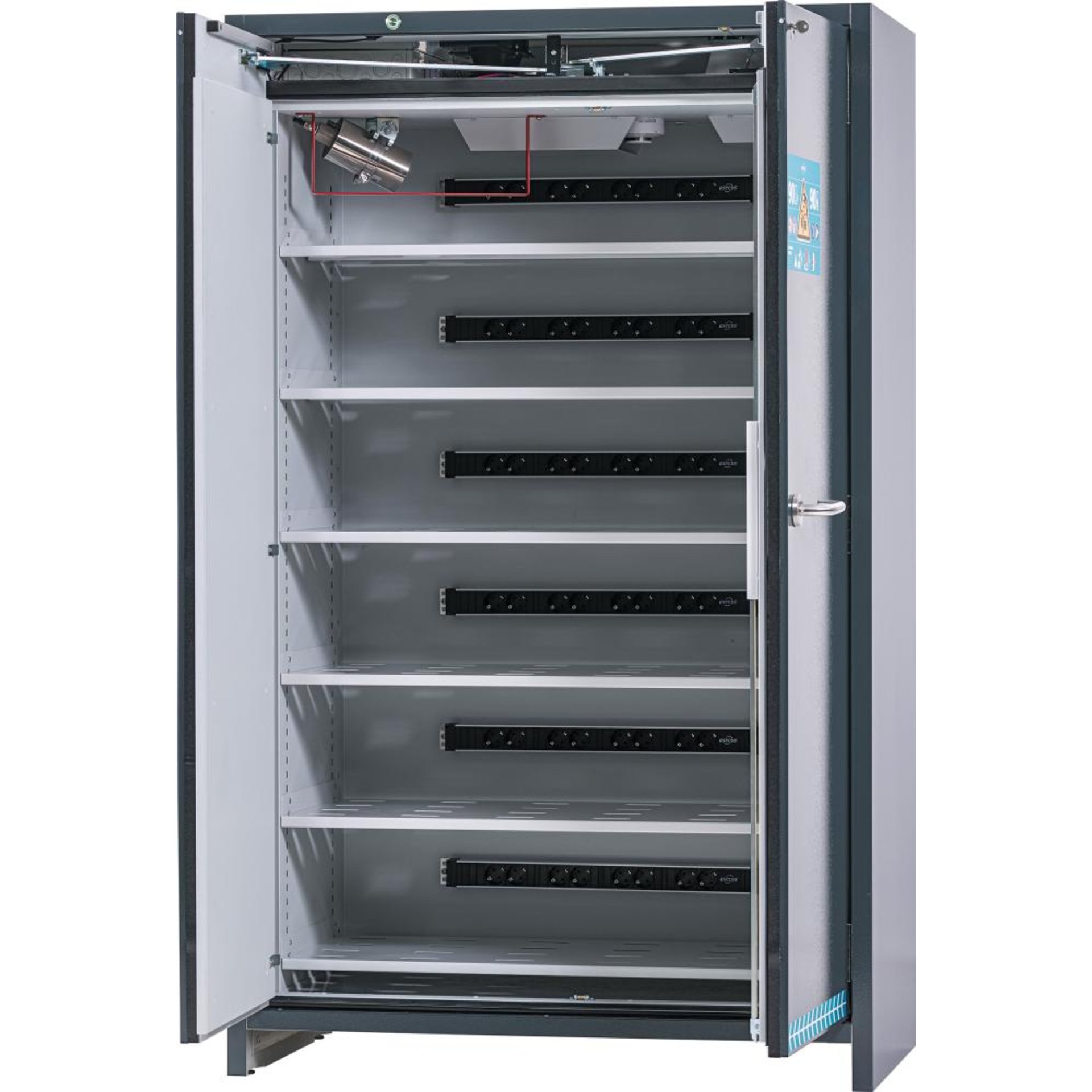 Sicherheitsschrank ION-ULTRA-90 RAL 7016 6x Steckdosenleiste 1x Bodenauffangwanne