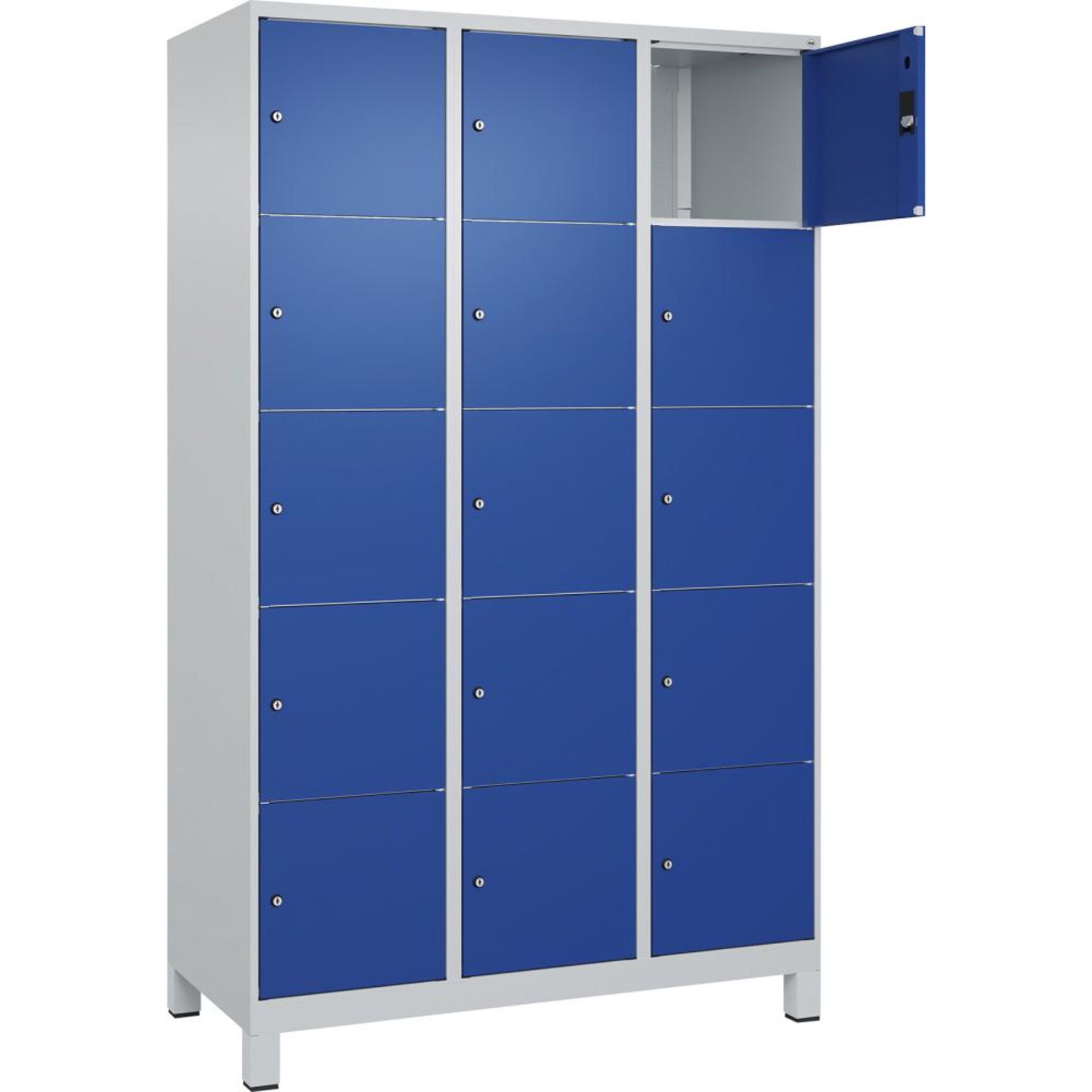 Fächerschrank CLASSIC B1200xT500xH1950 mm RAL 7035/5010, 3x5 Fächermit 100 mm hohen Füßen